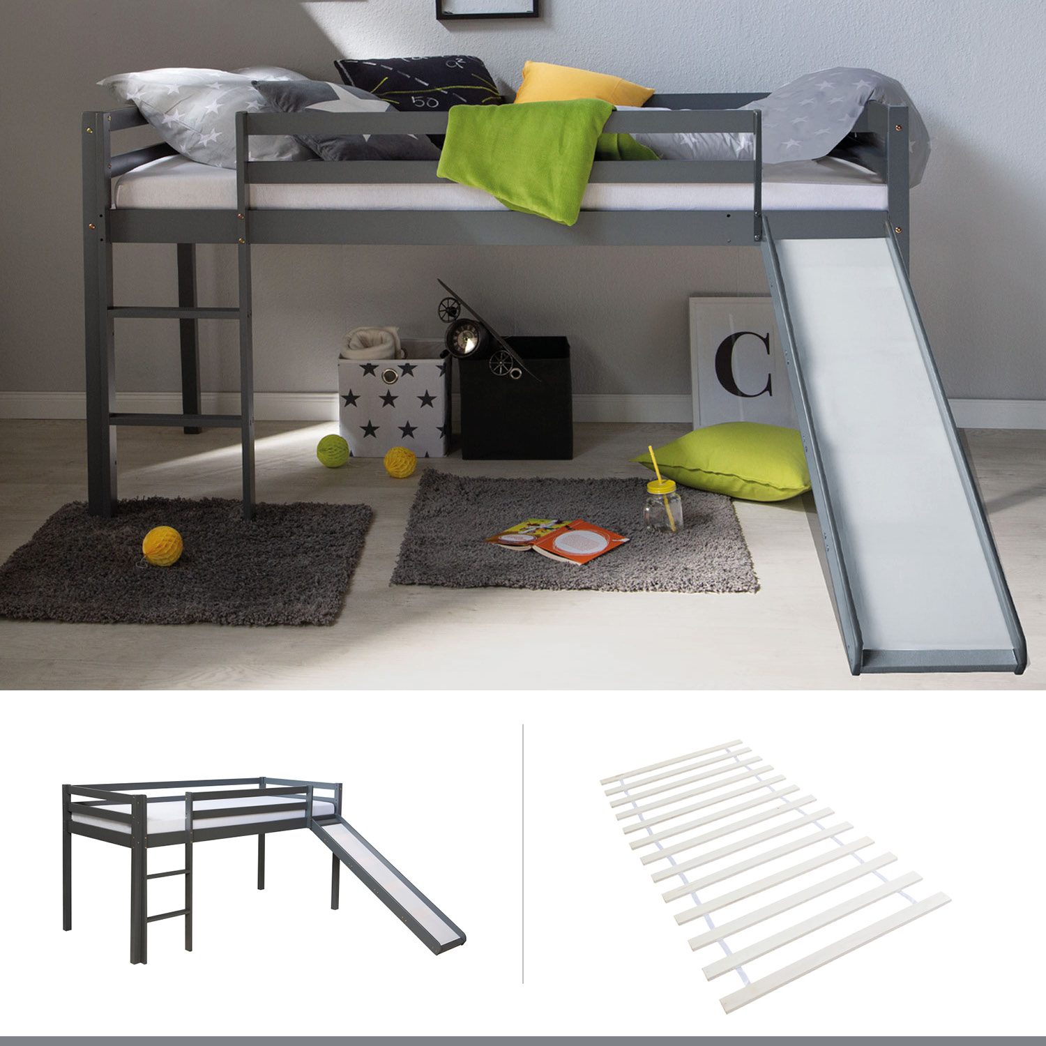Children's Loft Bed 90x200 cm Gray Basic | Slide | With Slatted Base