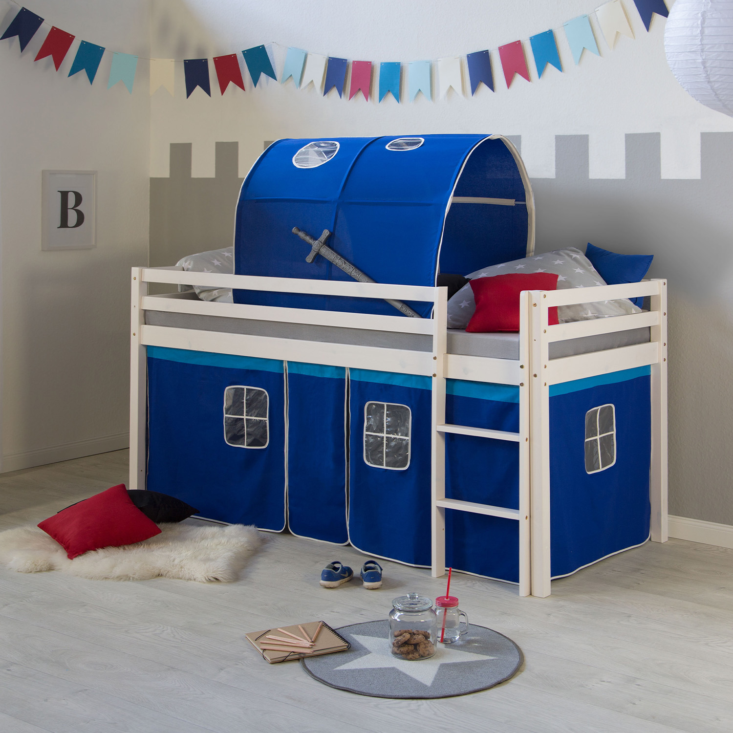 Loft Bed Kids 90x200 cm White with Curtain in Blue | Tunnel | with Slatted Frame