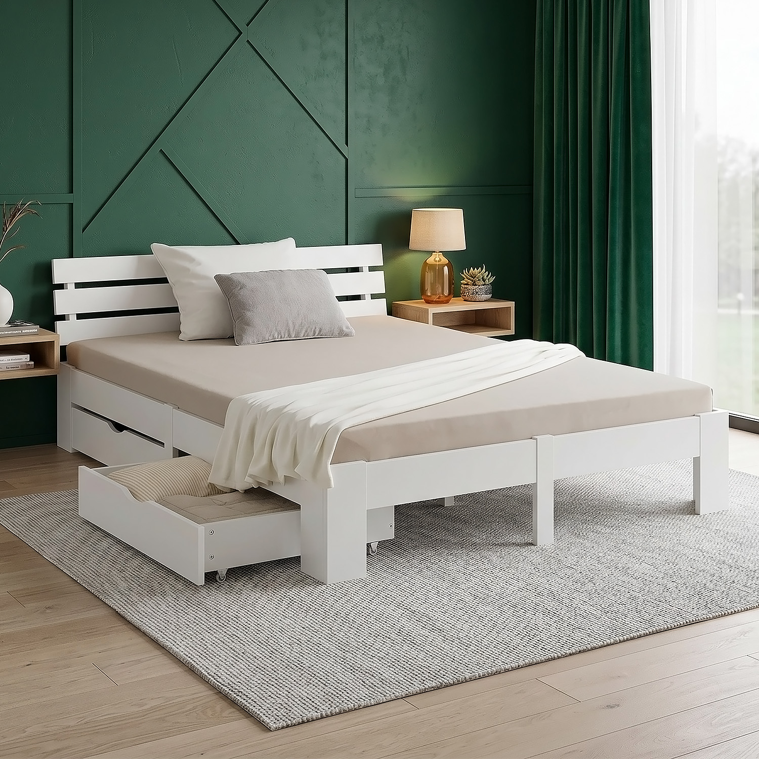 Wood Bed 160x200 cm White | Double Bed with Storage 2 Drawers | with Mattress | Solid | Youth Guest Bedroom