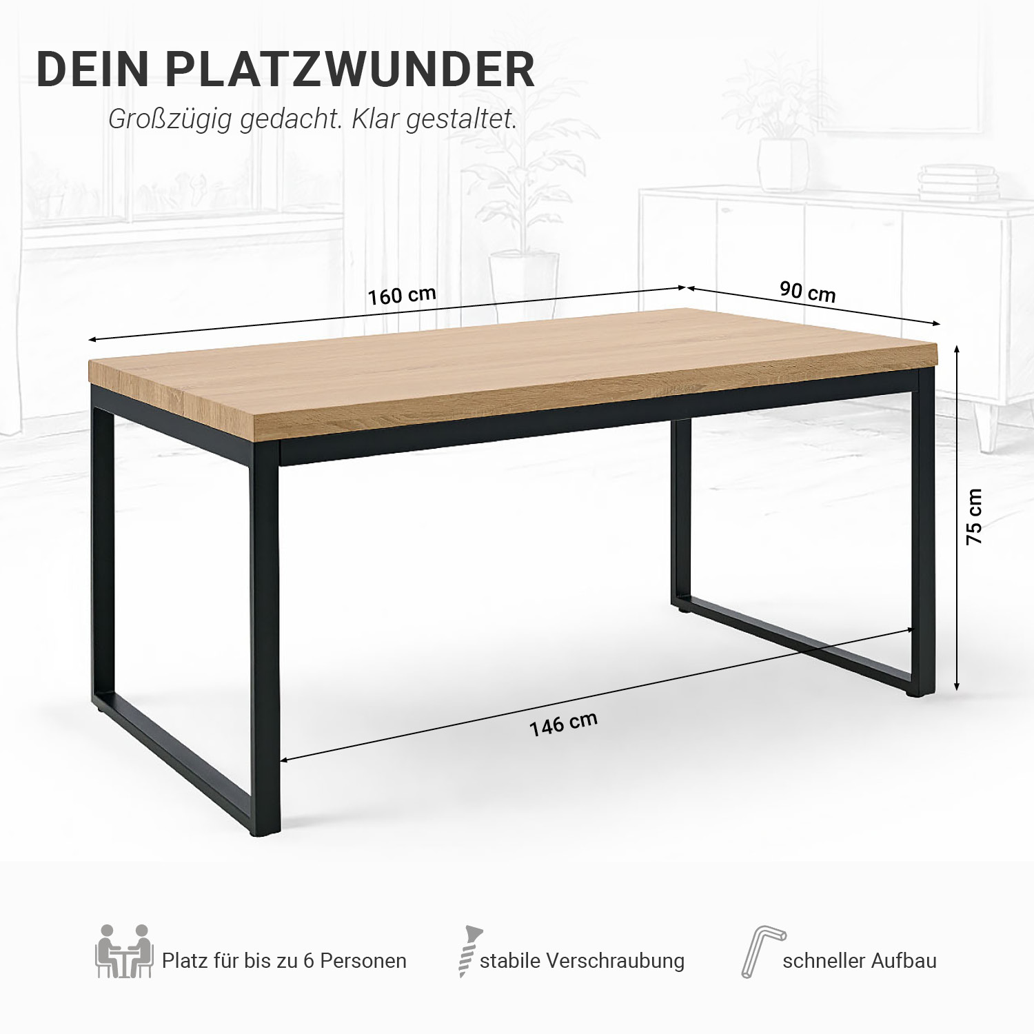 Modern Dining Table Kitchen Table Wooden Table 160x90 cm Oak Black Metal 6 Seater