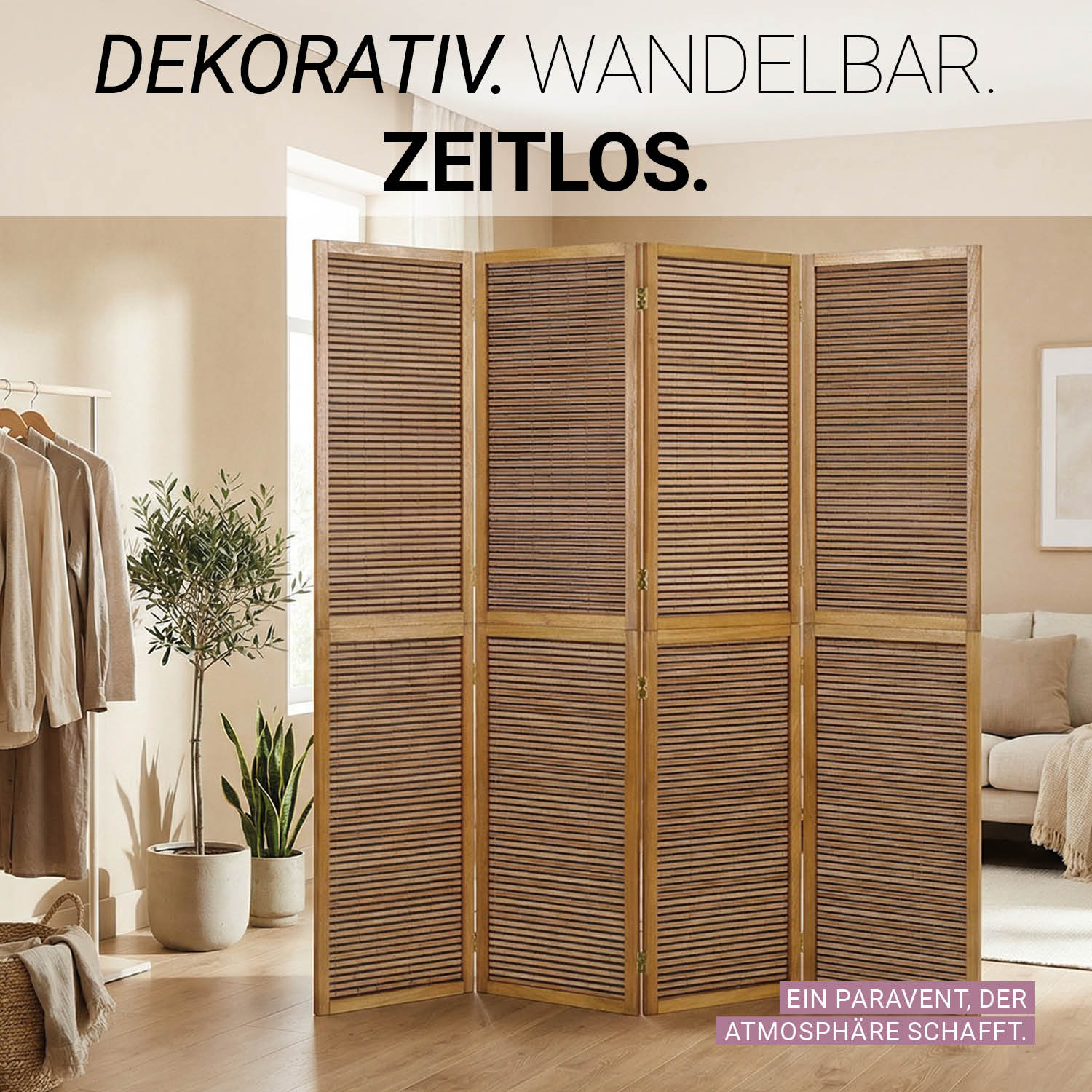 Paravent Brown Wooden Slats | 4-panel | Wood | Room Divider Partition Privacy Screen