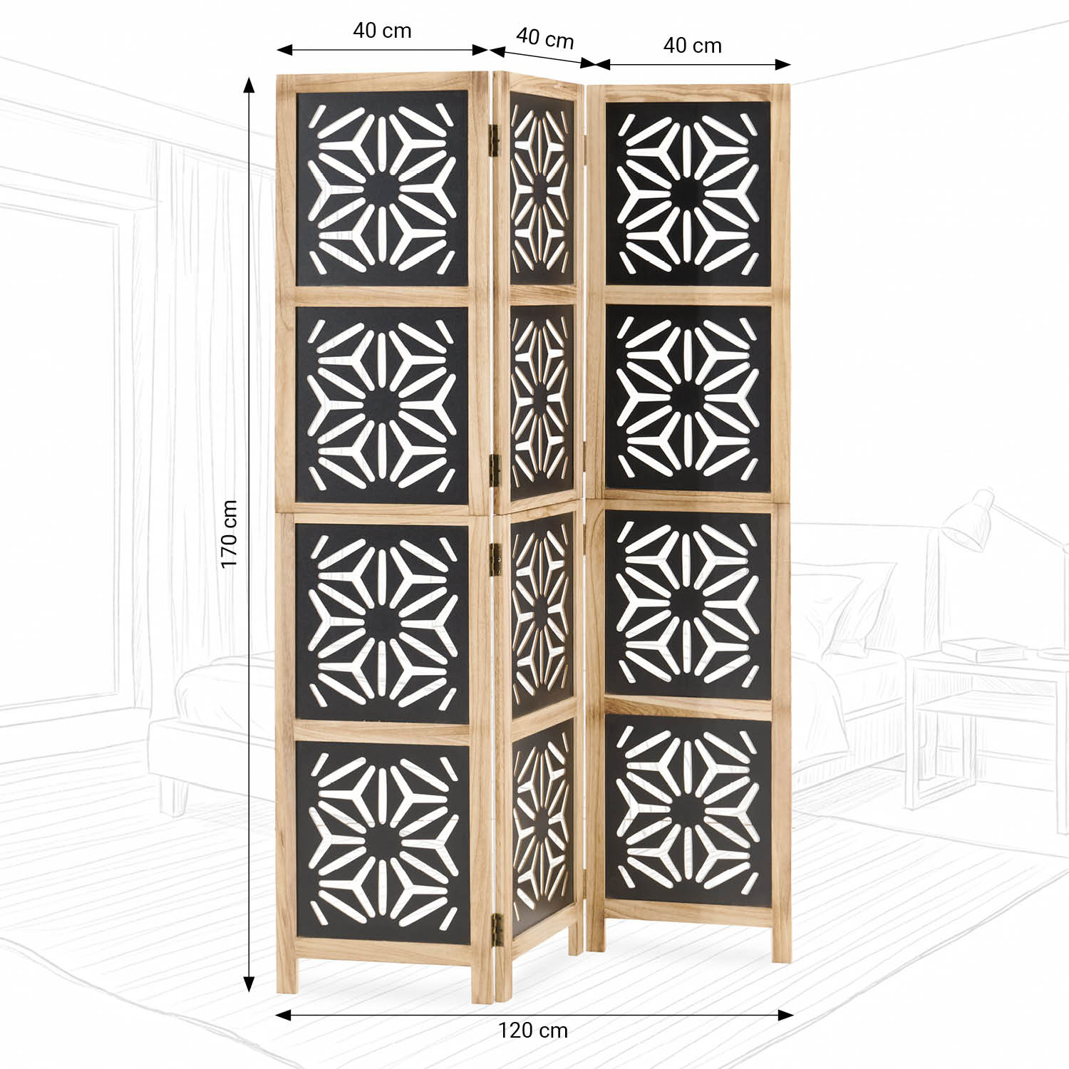 3-Panel "Nature" Folding Screen – Room Divider with Black Accents