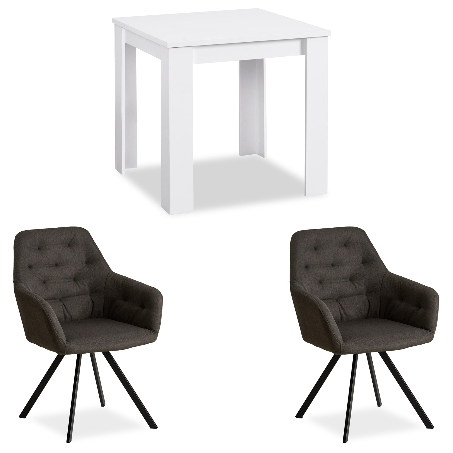 Modern Dining Table White 80x80 cm with 2 Chairs Linen Anthracite Dining Room Table Wooden Table