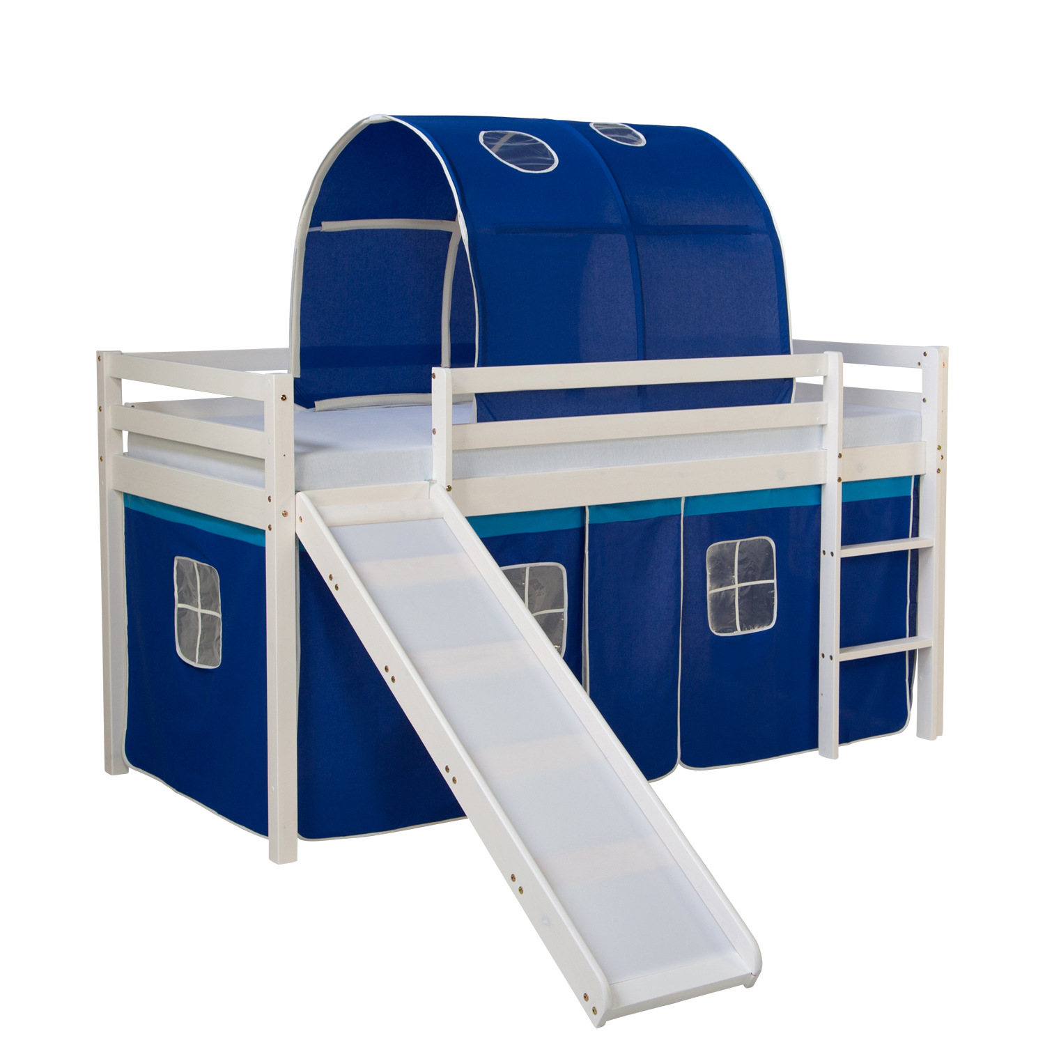 Loftbed 90x200 cm Bunk bed Childrens bed Solid Pine Wood Tower Tunnel Curtain Blue Slide Mattress Slats