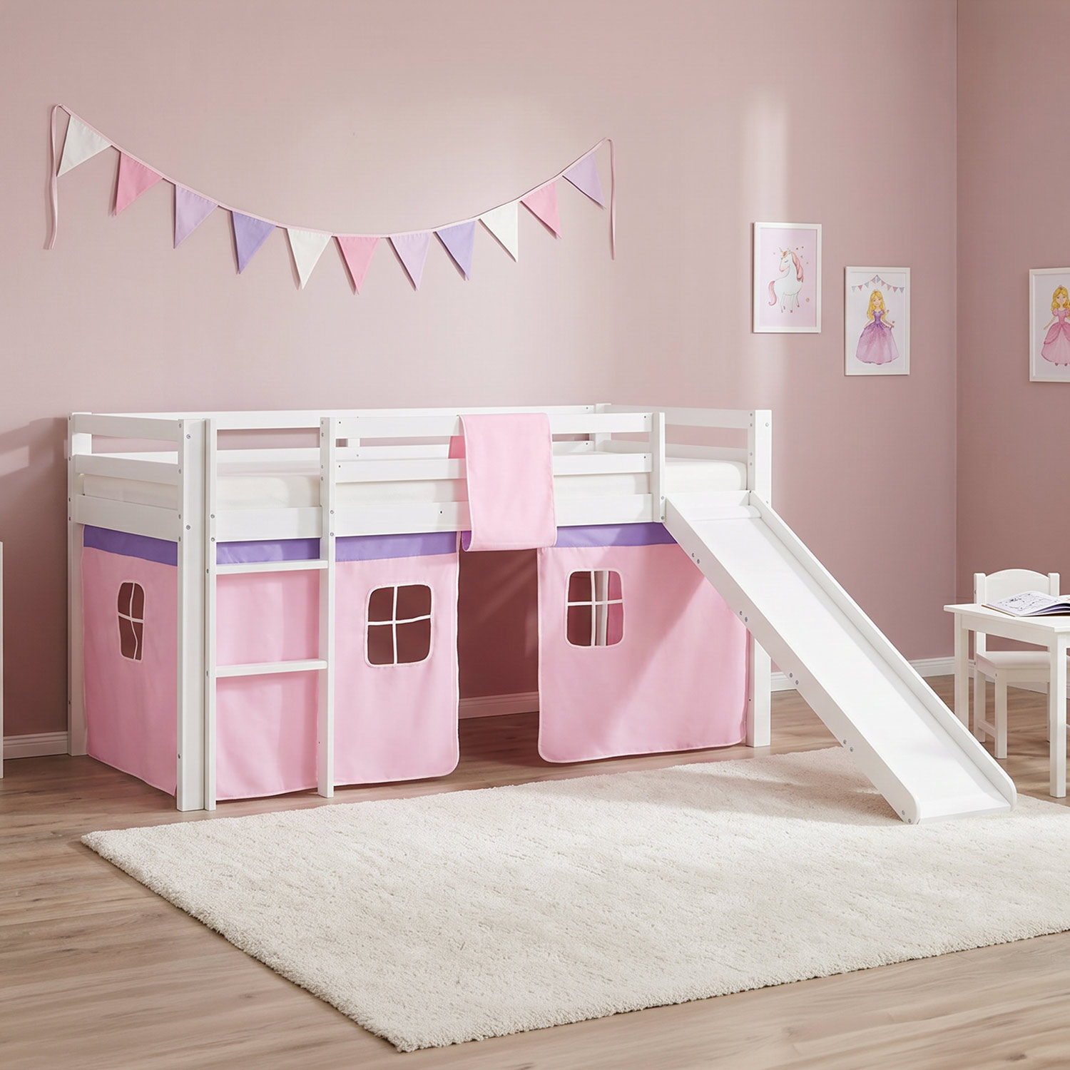 Children's Loft Bed 90x200 cm White with Pink Curtain | Slide | Includes Slatted Base | Includes Mattress