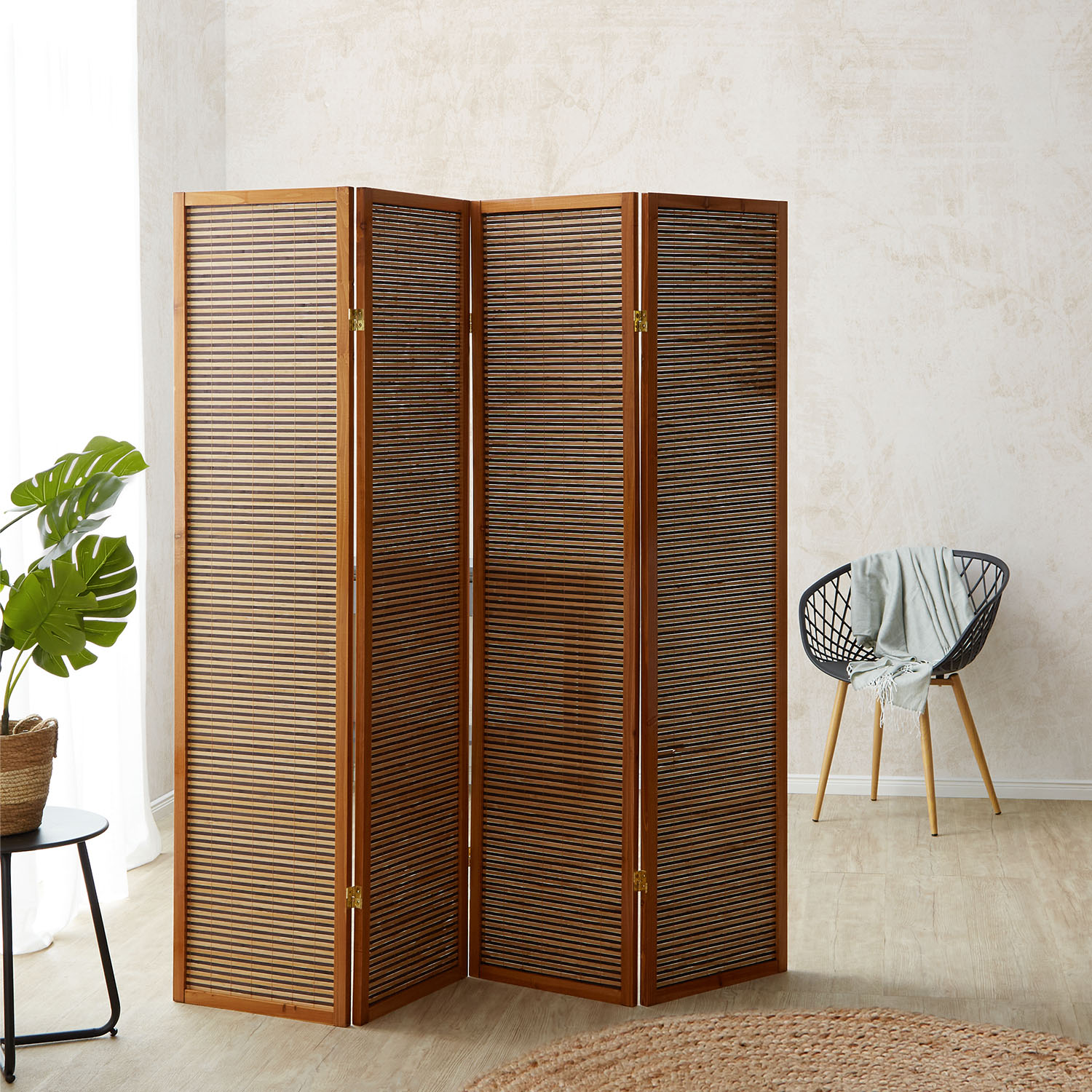 Paravent Brown Wooden Slats | 4-panel | Wood | Room Divider Partition Privacy Screen