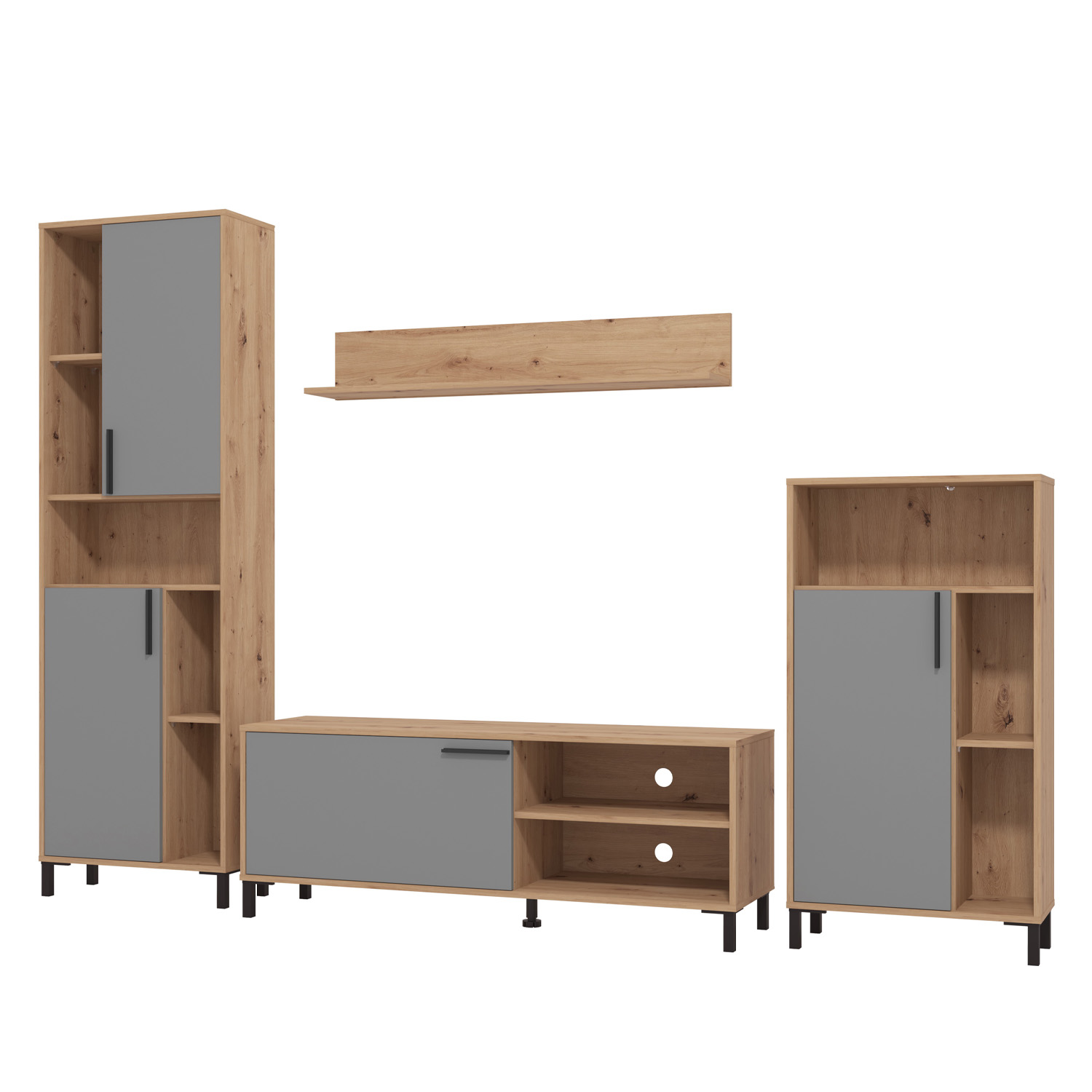 Modern living room unit 4 part cupboard set wall unit wood oak grey TV set with storage entertainment center