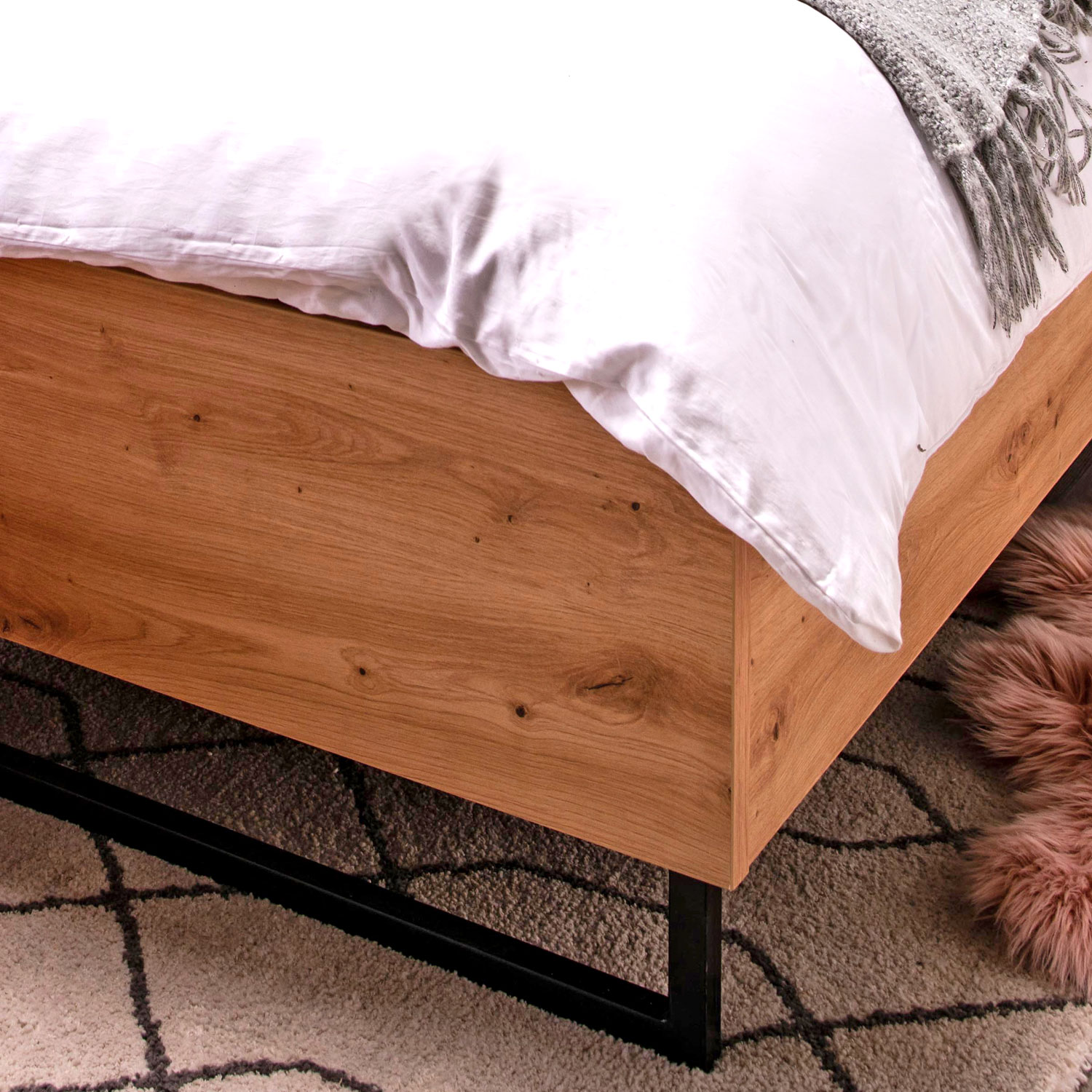 Double Bed Wooden Frame Upholstered Bed 160x200 cm with Slats Grey Fabric Oak Industrial Style