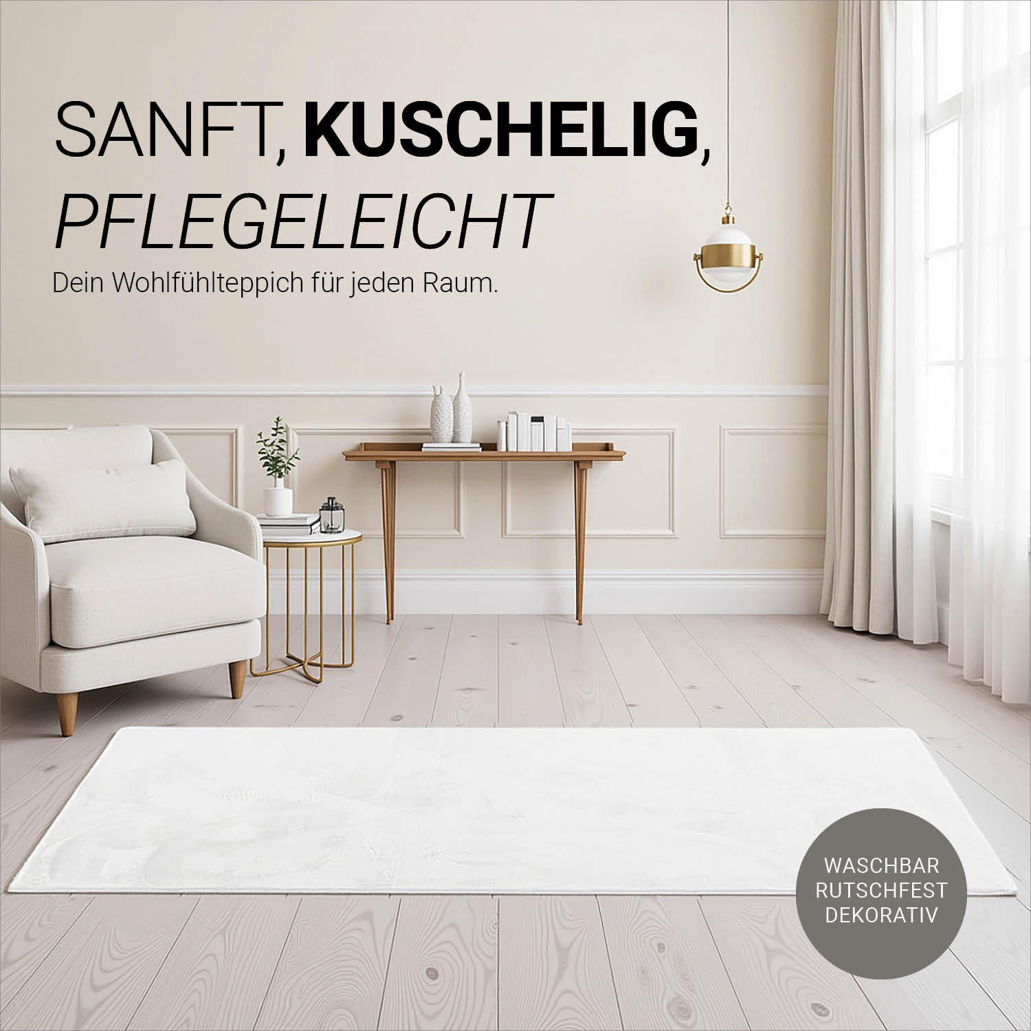 Soft White Rug 160x230 cm – Modern Short Pile Living Room Rug – Non Slip Bedroom Carpet – Washable Fluffy Area Rug