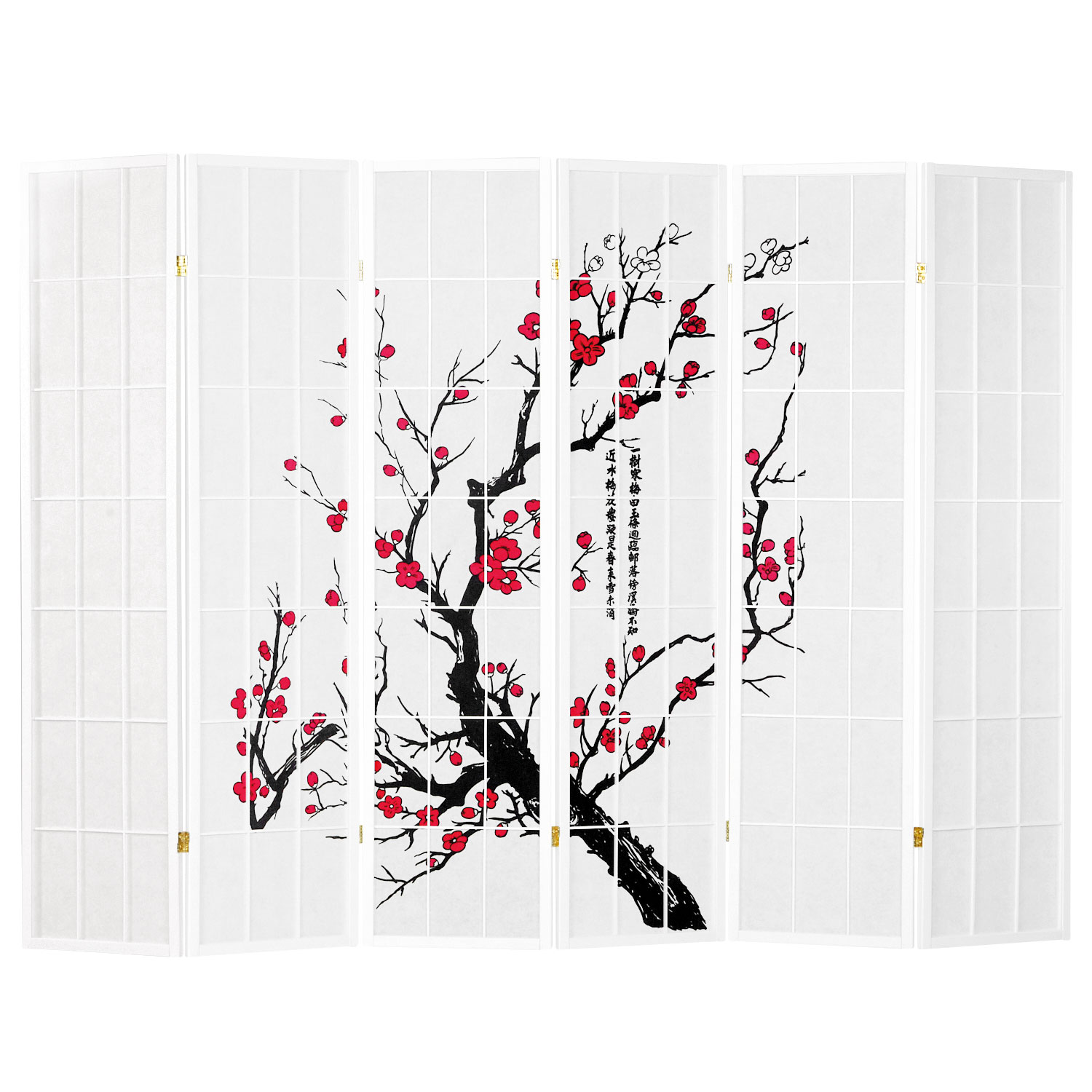 Paravent room divider 3 4 5 6 parts, wood white, rice paper, cherry pattern