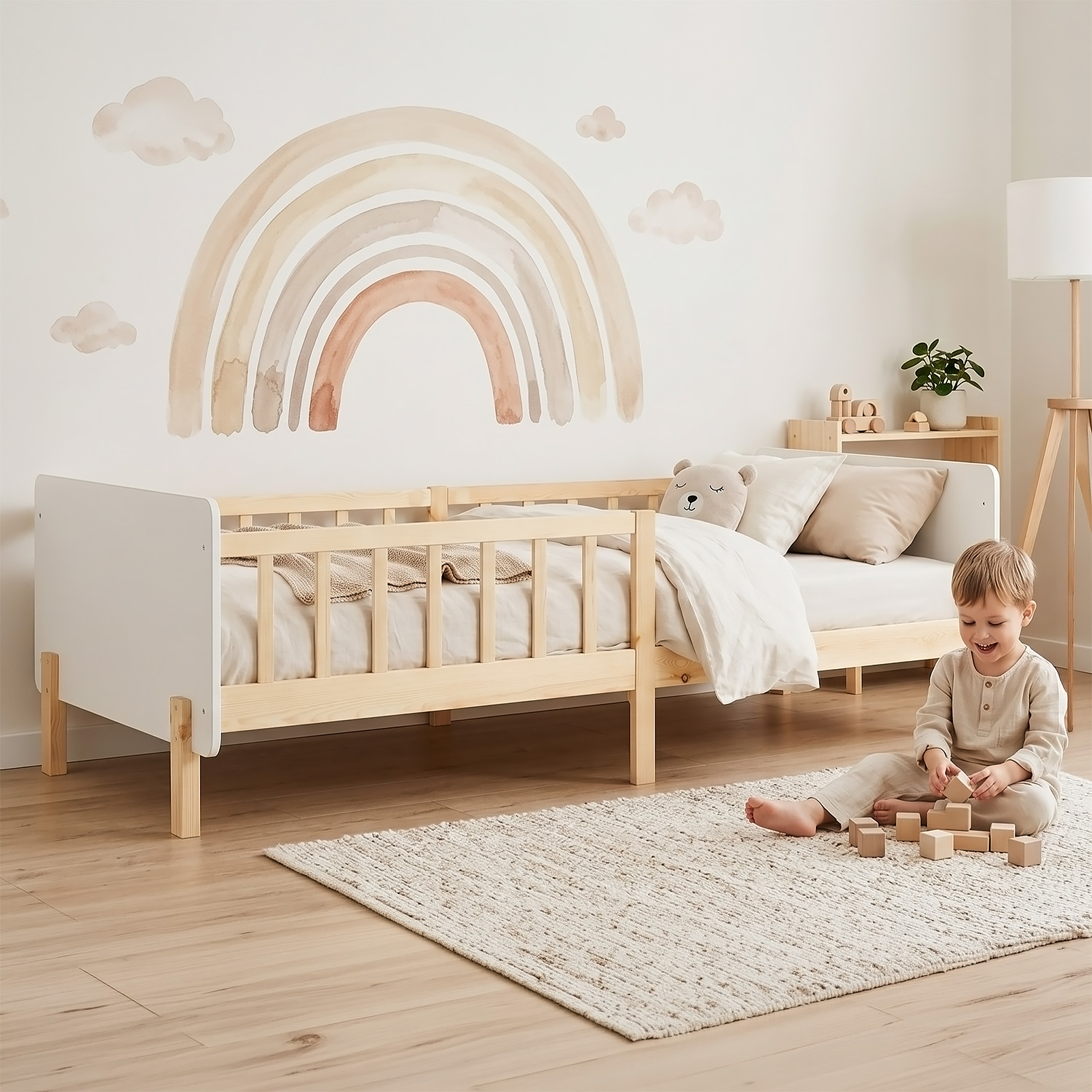 Single bed 90x200 cm White with Mattress Wooden Bed frame Toddler bed with safety rail Kids bed Childrens bed Slatted frame