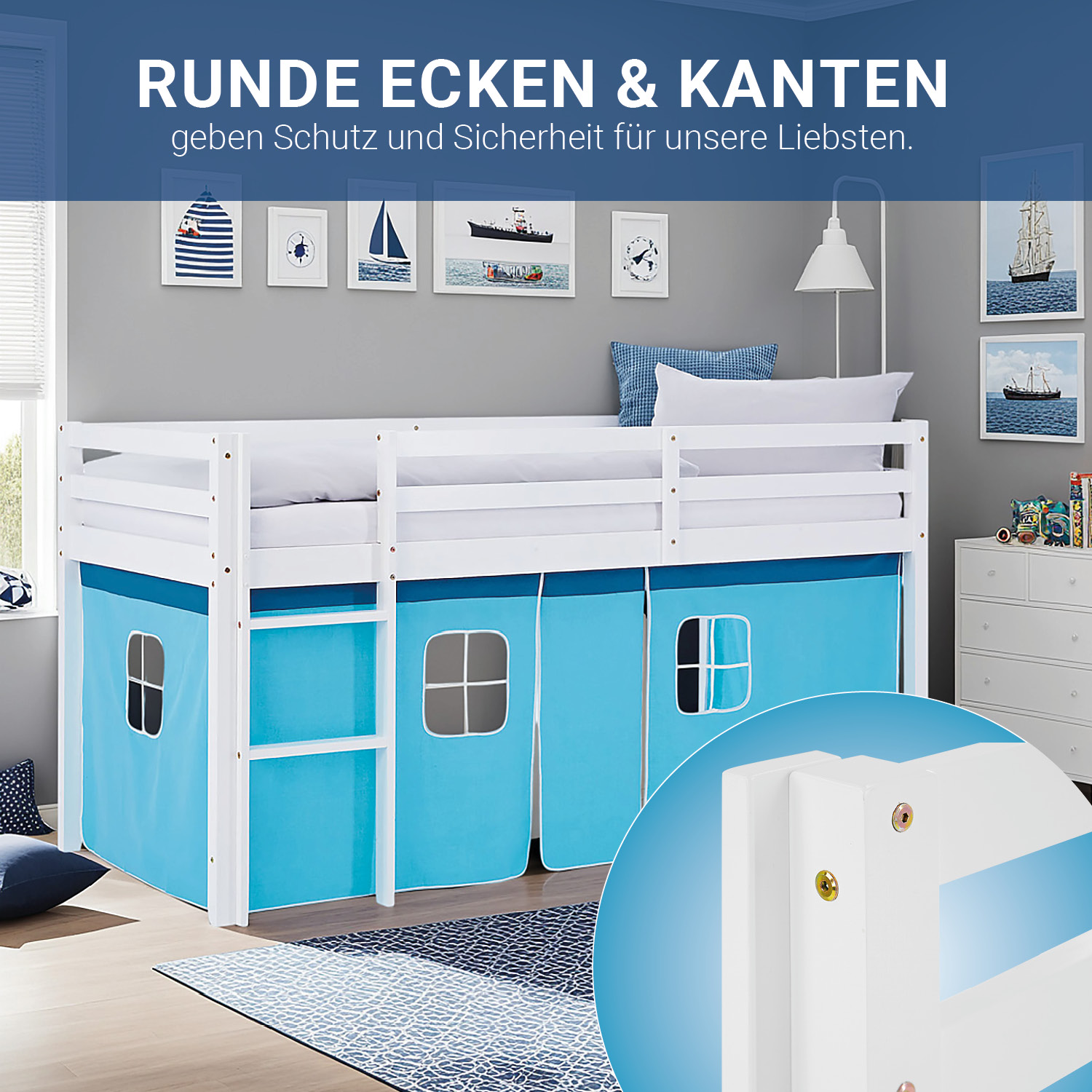 Loft Bed for Kids 90x200 cm White with Curtain in Blue | with Slatted Frame