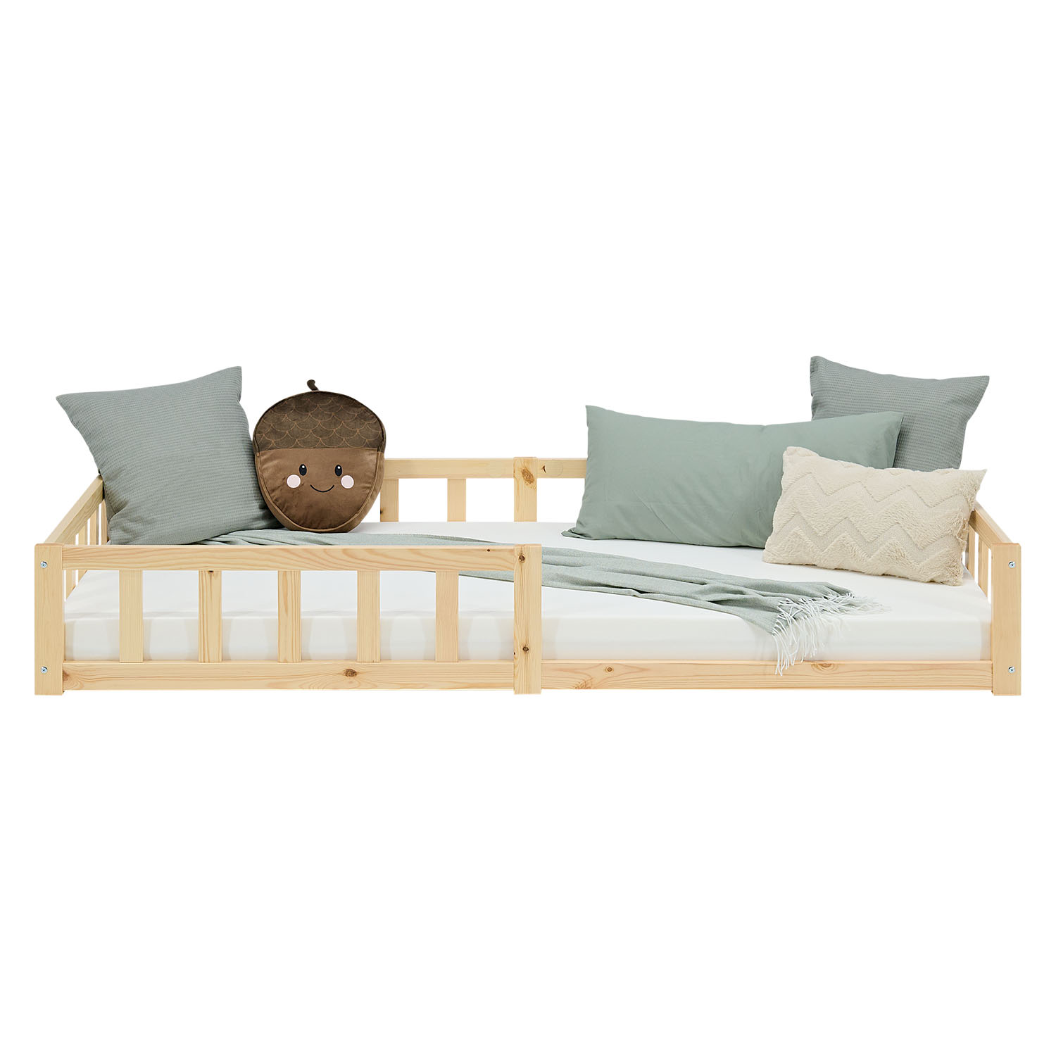 Children's Bed 90x200 Natural | Floor Bed with Mattress & Slatted Frame | with Fall Protection | Montessori