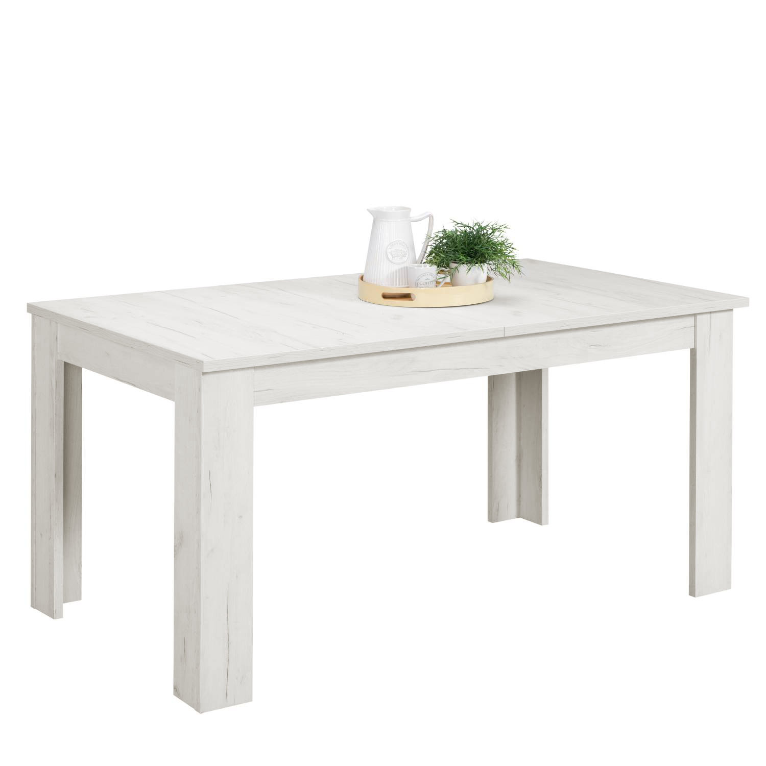 White Vintage Dining Set (160–200 cm) with 4 gray cord chairs, armrests, and a swivel metal base