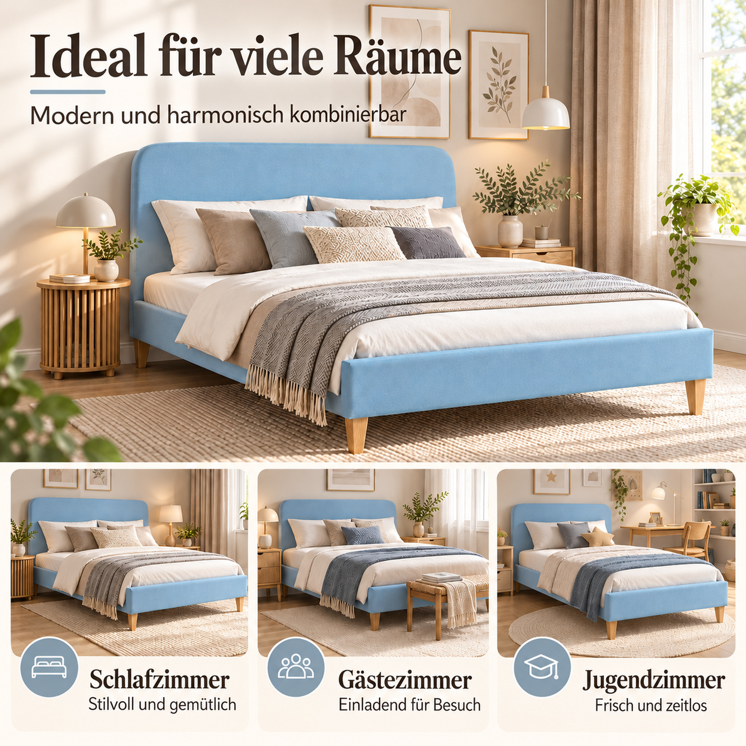 Upholstered bed 140x200 cm light blue | with slatted frame | double fabric bed frame