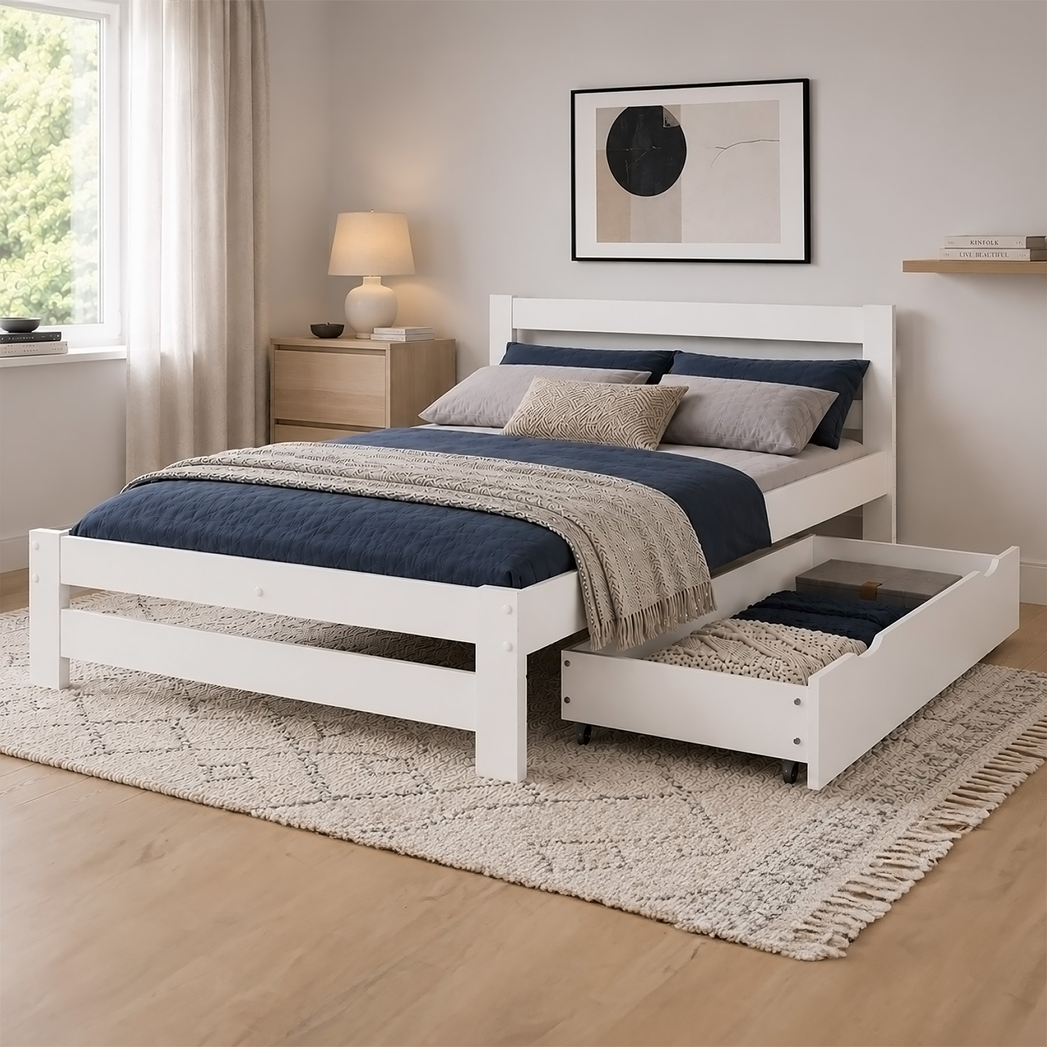 Wooden Bed 140x200 cm White – Solid Wood Double Bed with Storage & Slatted Base