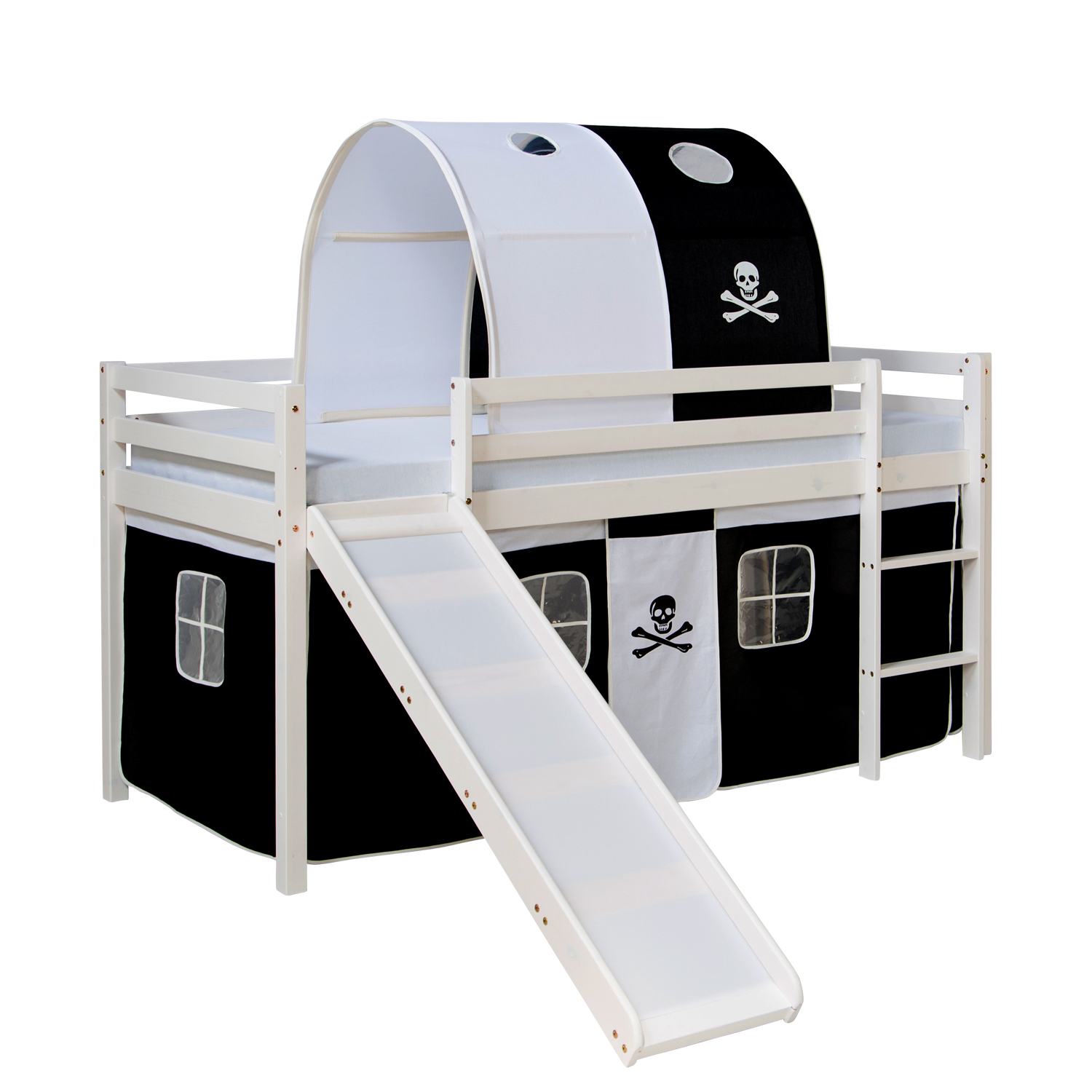 Loft Bed Kids 90x200 cm White with Curtain Black | Tunnel | Slide | without Slatted Frame Loftbed 90x200 cm Bunk bed Childrens bed Solid Pine Wood Tower Tunnel Curtain Black Pirate Slide Mattress Slats