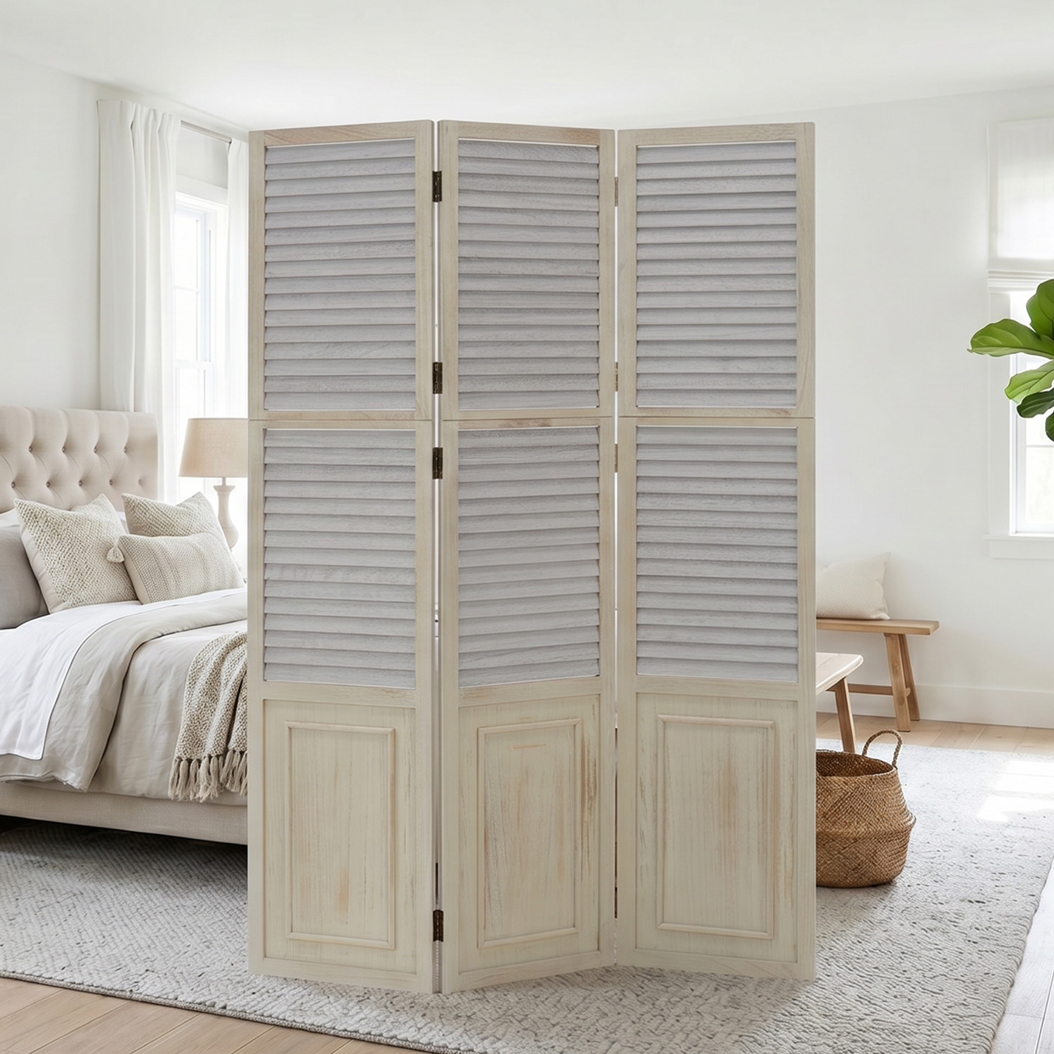 Paravent Grey Wooden Slats | 3-panel | Wood | Room Divider Partition Privacy Screen