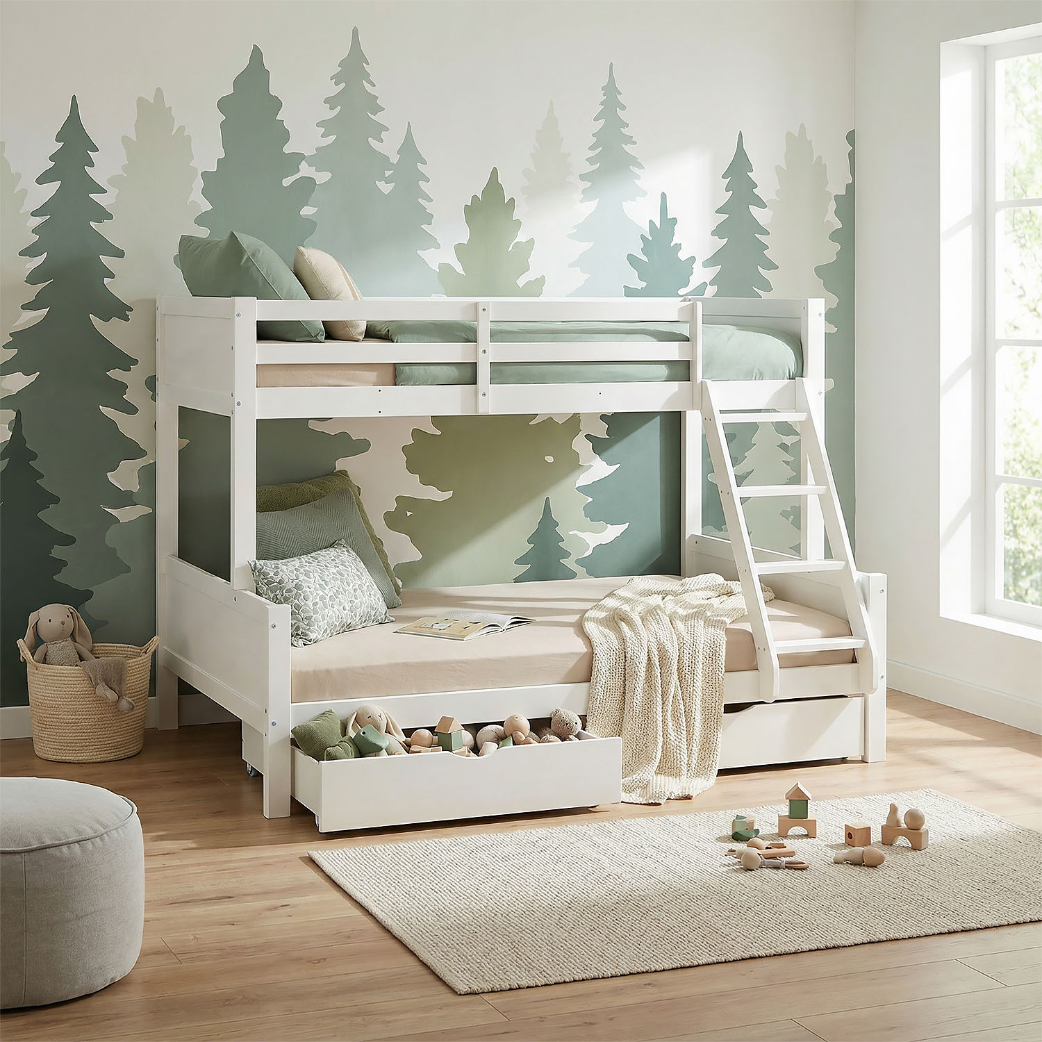 White Wooden Bunk Bed for Kids & Teens, 90x200 cm & 140x200 cm, with 2 Underbed Drawers and 2 Mattresses