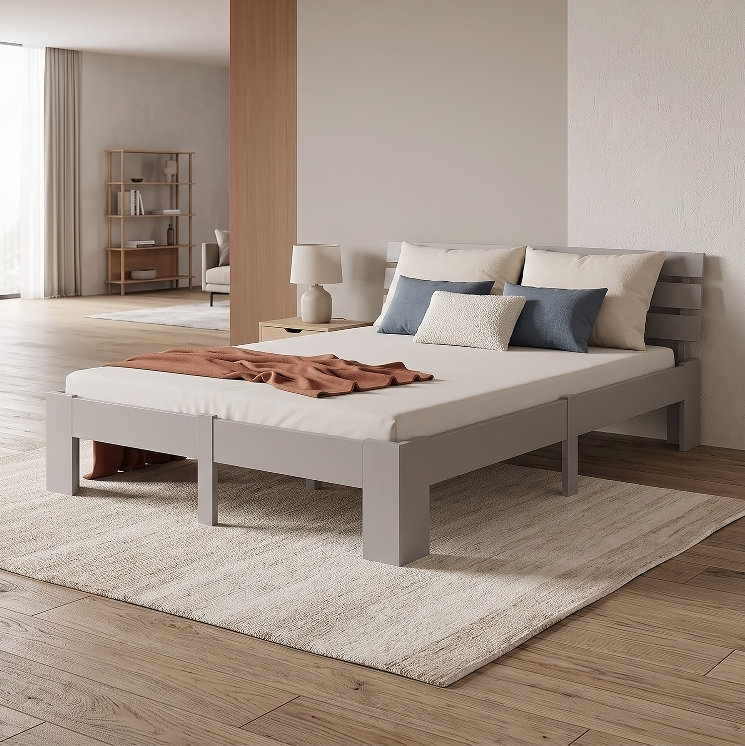 Wood Bed 140x200 cm Grey | Double Bed | with Spring Mattress | Solid | Youth Guest Bedroom