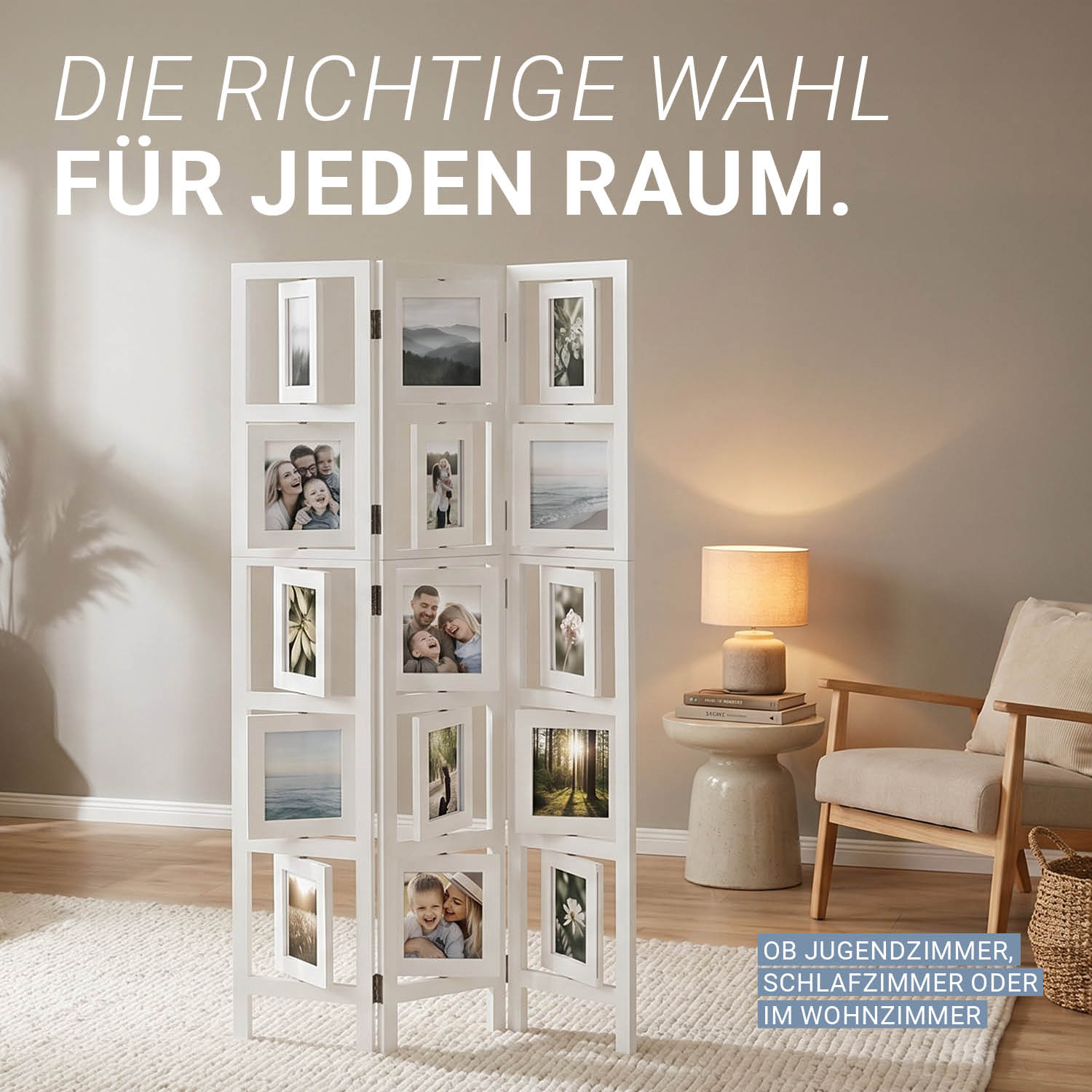 White 3-panel folding screen with photo prints – Modern room divider & decorative privacy screen