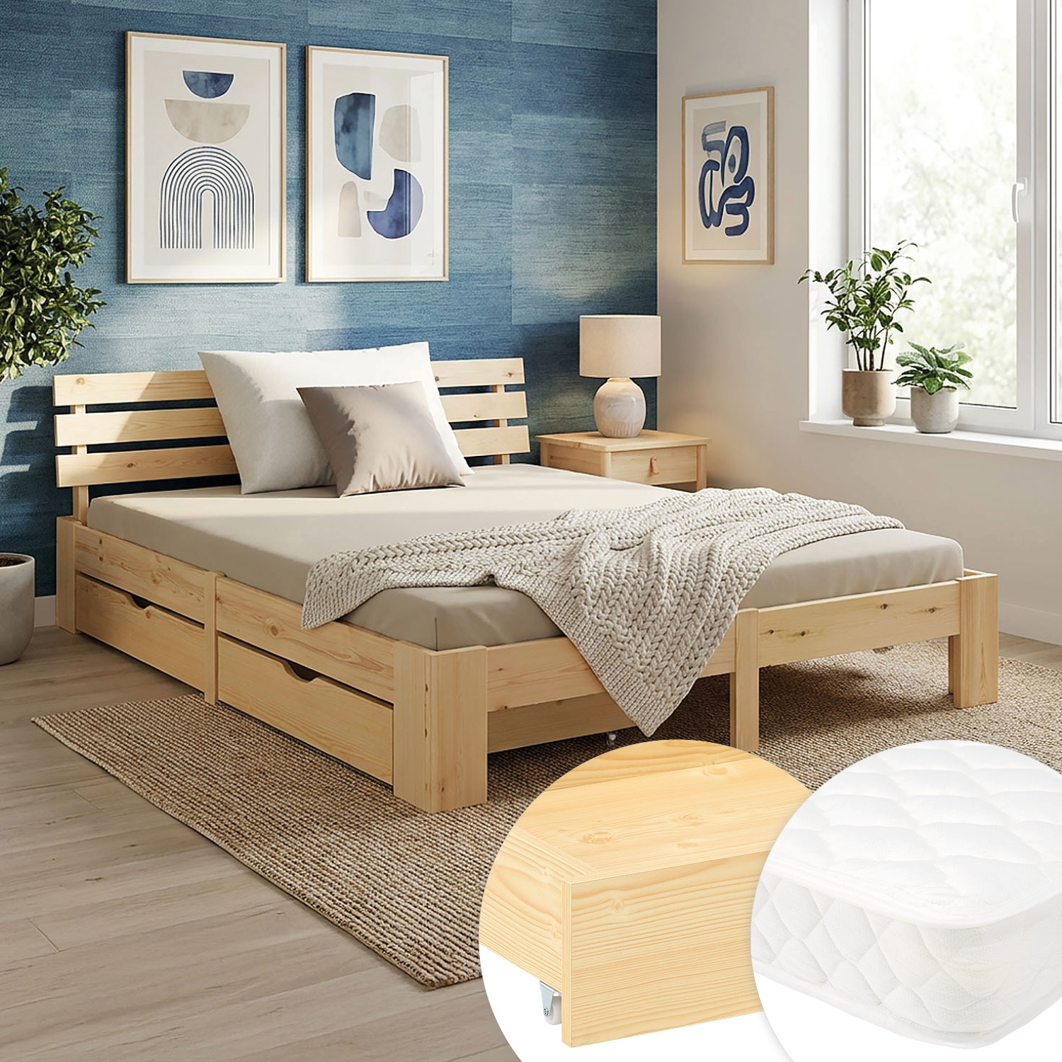 Wood Bed 140x200 cm Natural | Double Bed | with Spring Mattress | 2 Drawers | Youth Guest Bedroom
