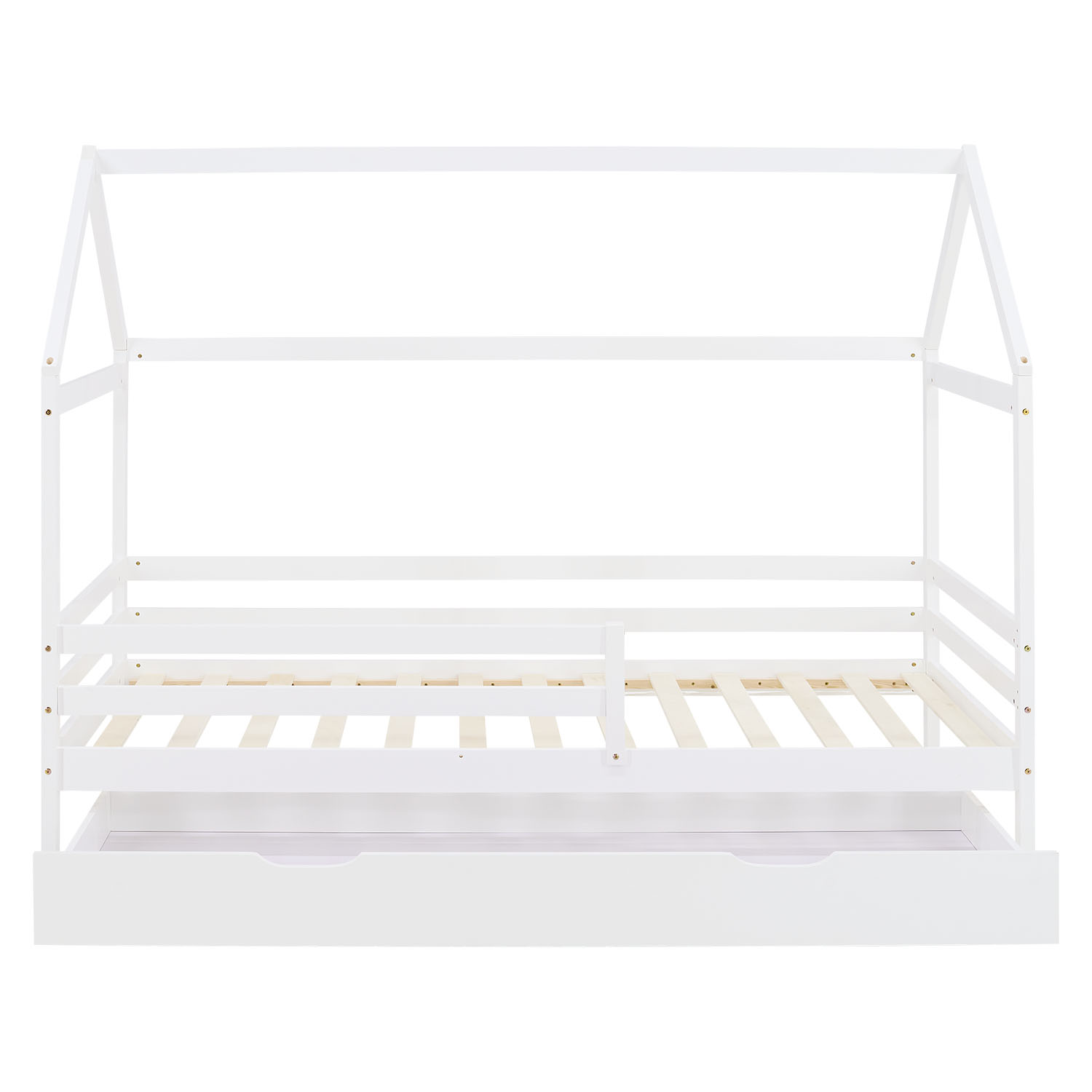 Children's Bed 90x200 cm White | House Bed with Fall Protection and Bed Drawer | Montessori | Single Bed | with Slatted Frame | Wood