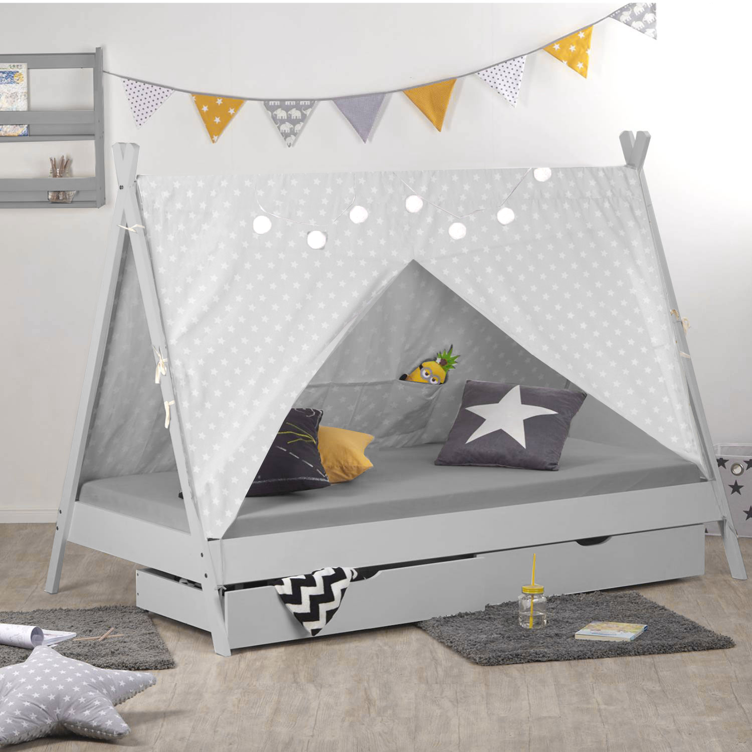 Children's Bed with Mattress TIPI 90x200 Youth Bed White Grey Wooden Bed Kids Room Fabric Bed Drawer