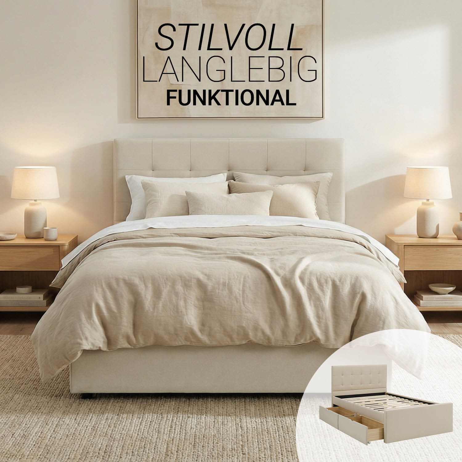Upholstered bed 120x200 cm beige | with slatted frame | with 2 bed drawers | double fabric bed frame