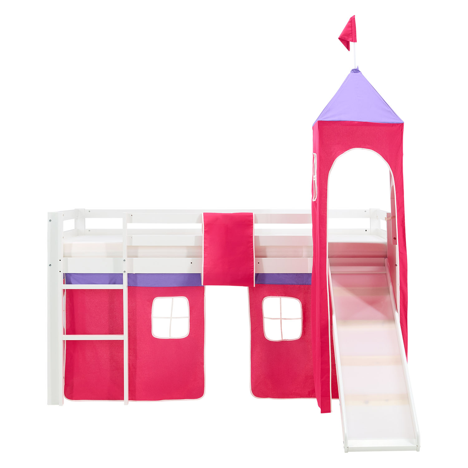 Children's Loft Bed 90x200 cm White with Pink Curtain | Tower | Slide | Includes Slatted Base | Includes Mattress