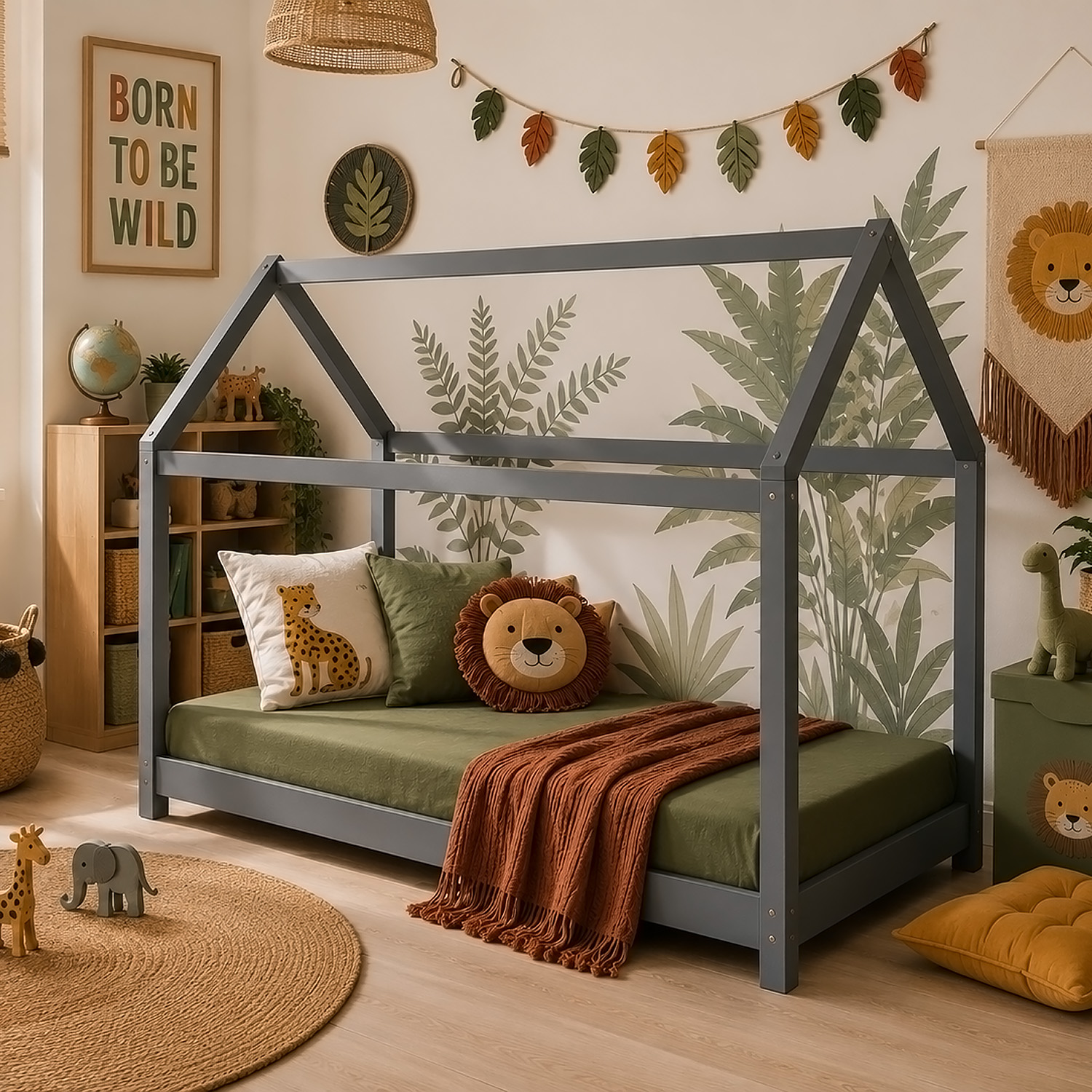 Children's Bed 90x200 cm Gray | House Bed | Single Bed | with Slatted Frame | Wood | Floor Bed