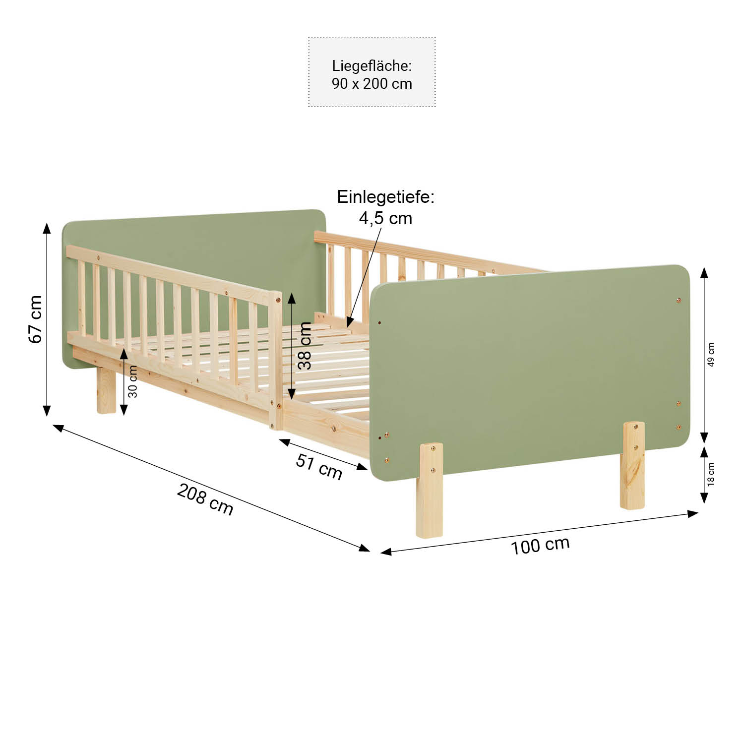 Children's Bed 90x200 cm Green Natural | Retro Bed with Fall Protection | Single Bed | with Slatted Frame | Wood