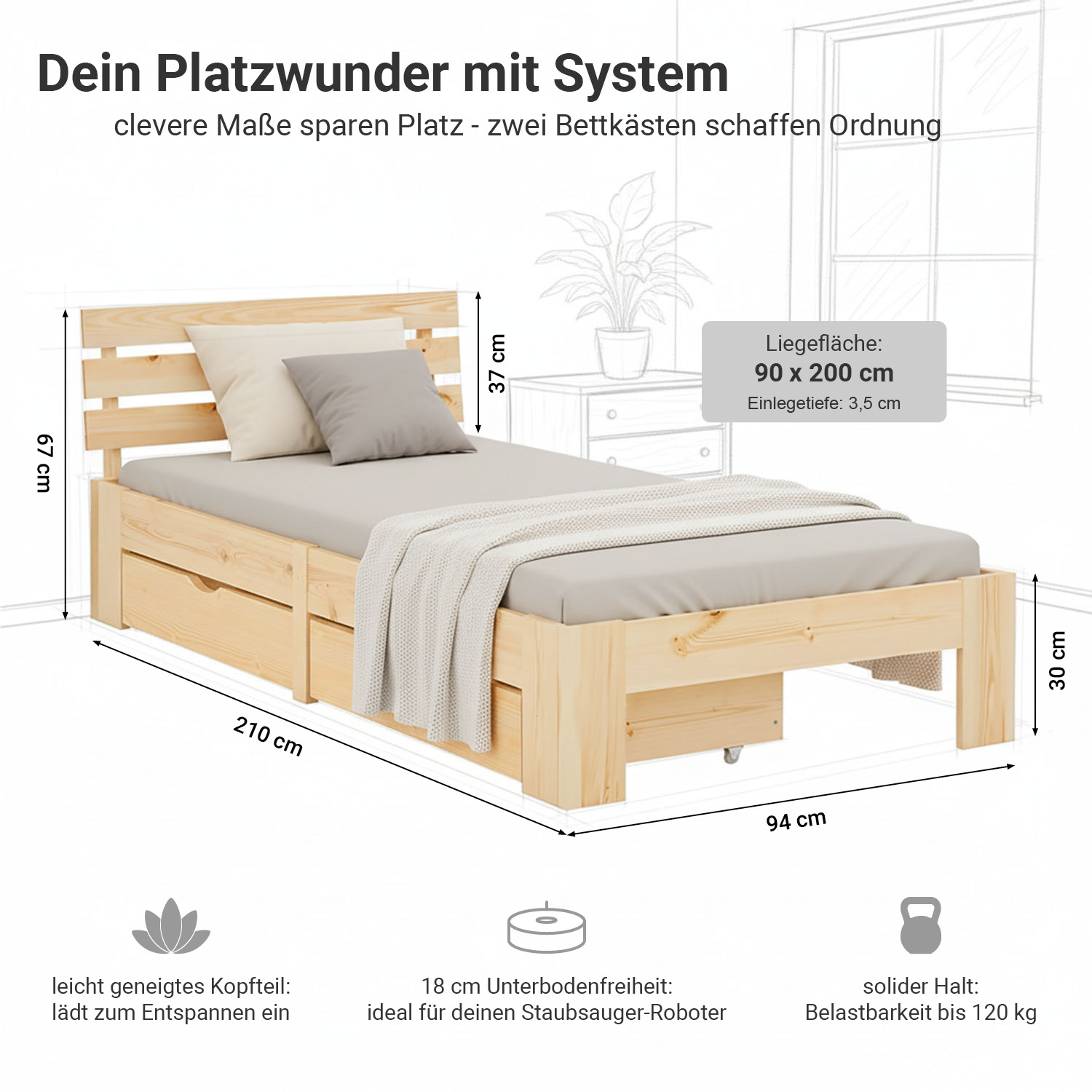 Wood Bed 90x200 cm Natural | Single Bed | with Mattress | 2 Drawers | Kids Youth Guest Bedroom