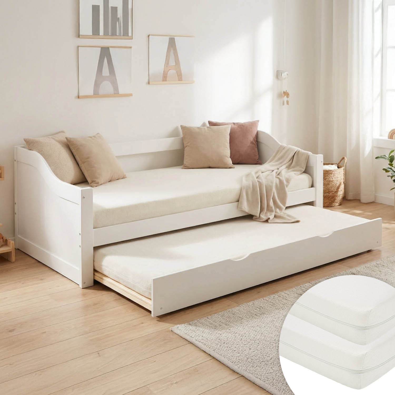 Wooden Bed 90x200 cm White | Pull-out | Bunk Bed | With Mattress | Pull-out Bed, Duo Bed, Functional Bed