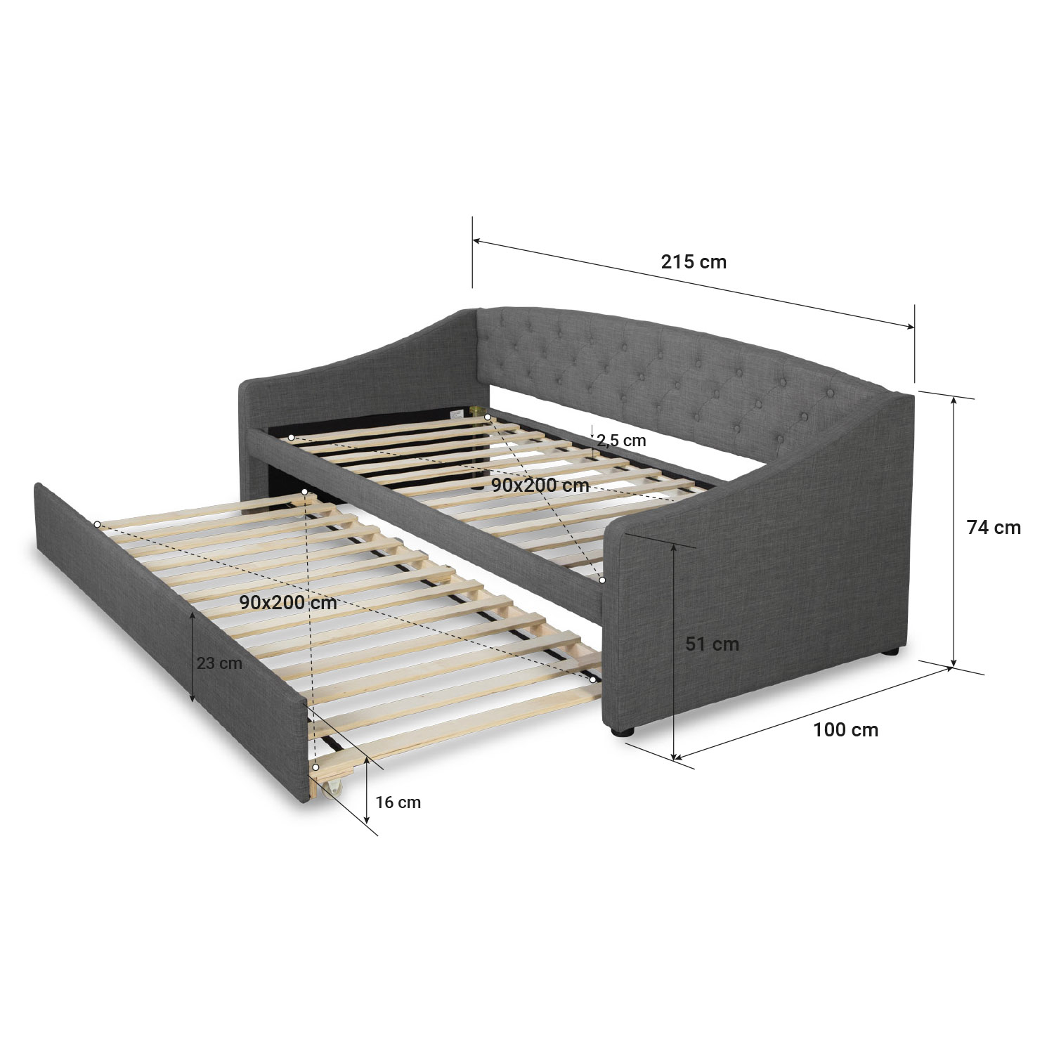 Upholstered Bed 90x200 cm Gray with Storage – Daybed & Pull-Out Guest Bed