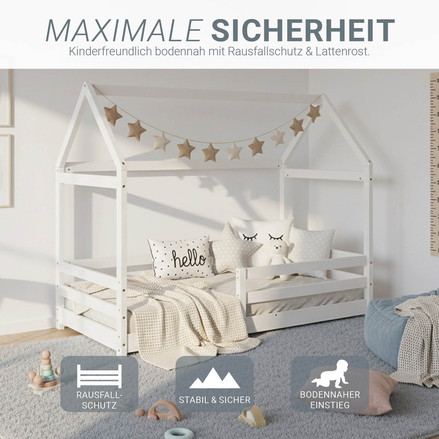 Children's Bed 80x160 cm with Mattress House Bed with Barriers Childrens Single Bed Montessori Bed Treehouse Bed