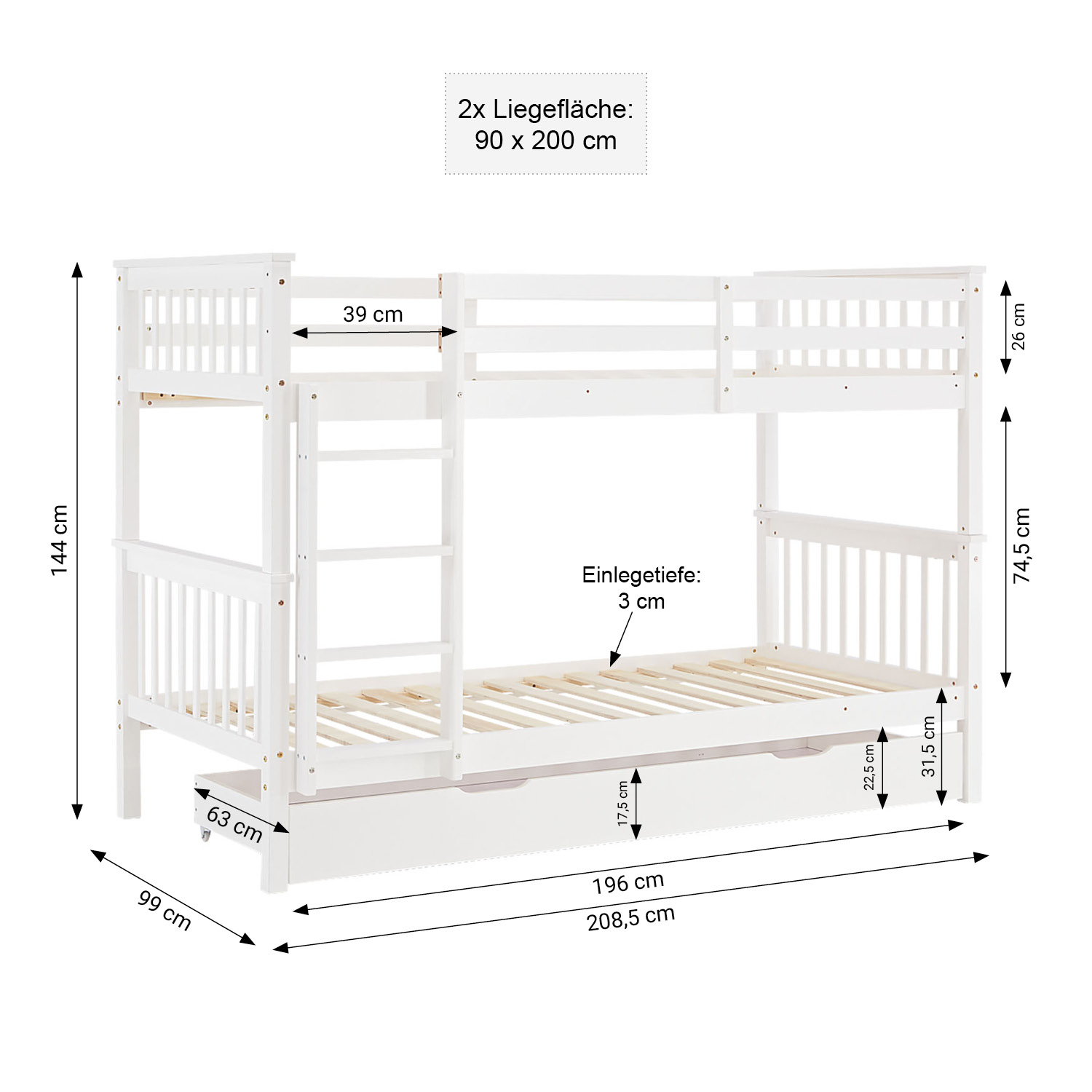 Kinderbett 90x200 Etagenbett Holzbett Weiß Jugendbett Doppelstockbett Rausfallschutz Umbaubar Matratze Stauraum