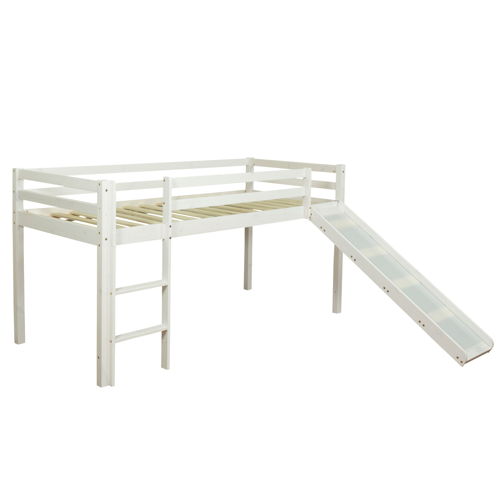 Loft Bed Kids 90x200 cm White with Curtain in Pink | Slide | without Slatted Frame Loft Bed Kids 90x200 cm White with Curtain Black | Tunnel | Slide | without Slatted Frame