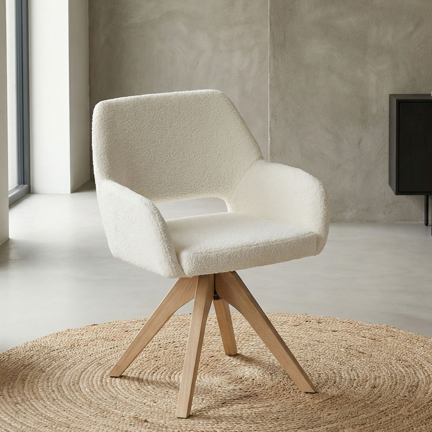 Upholstered Chair Teddy Fabric White | Set of 4 | swivel | with Armrests | Kitchen Dining Room Office