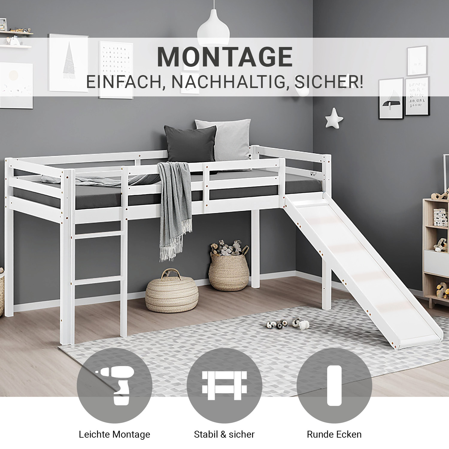 Loft Bed with Mattress Slatted Frame Slide 90x200 cm Children's Bed Bunk Bed White Play Bed