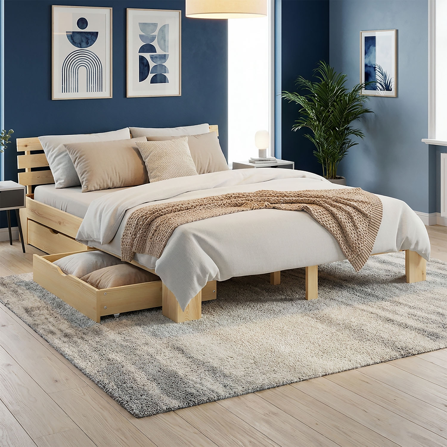 Wood Bed 160x200 cm Natural | Double Bed | with 2 Drawers | Solid | Kids Youth Guest Bedroom