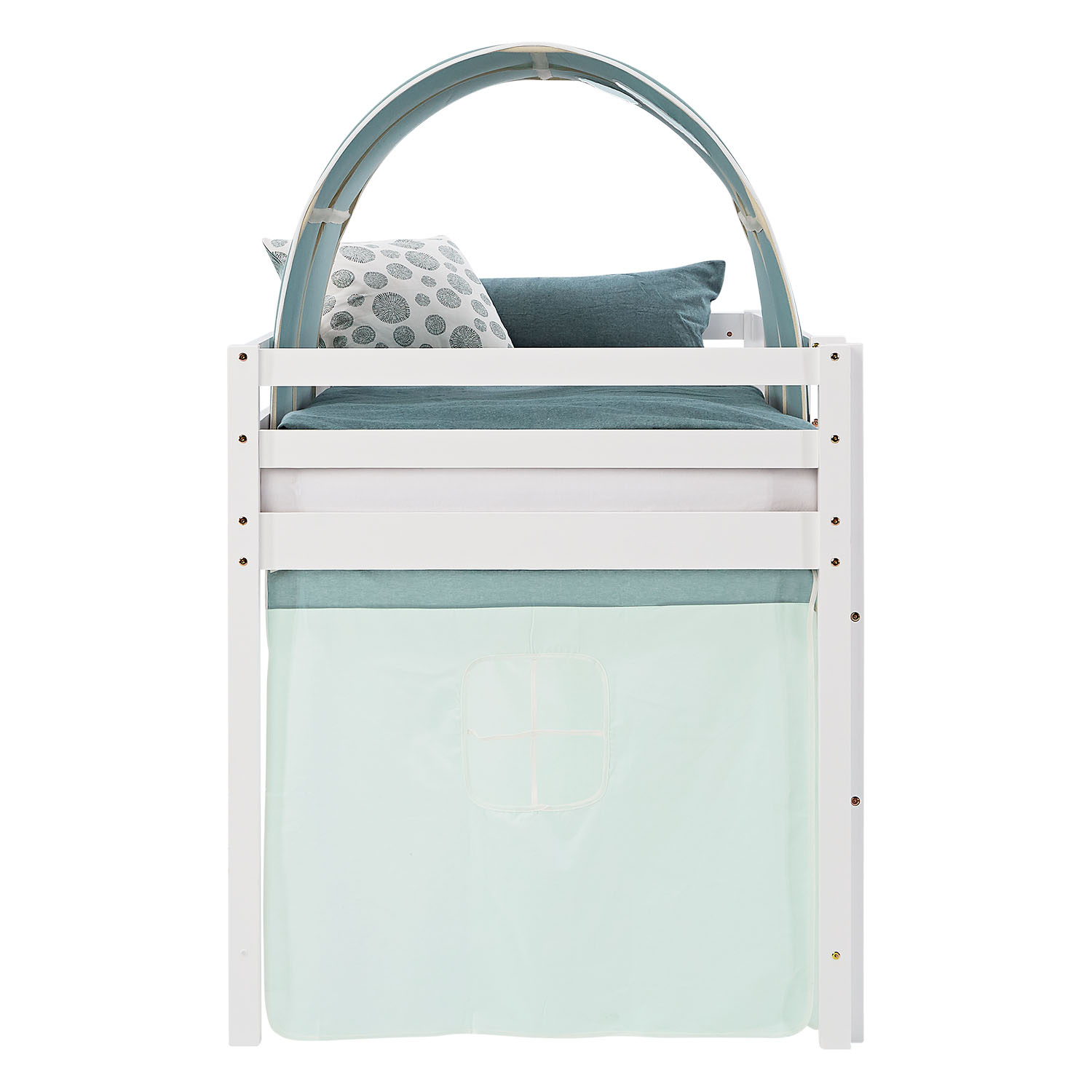 Children's Loft Bed 90x200 cm White with Mint Green Curtain | Tunnel | Includes Slatted Base and Mattress