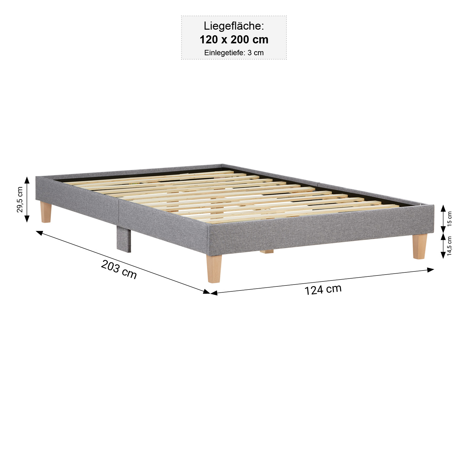 Upholstered bed 120x200 cm grey | futon bed | with slatted frame | with mattress | double fabric bed frame