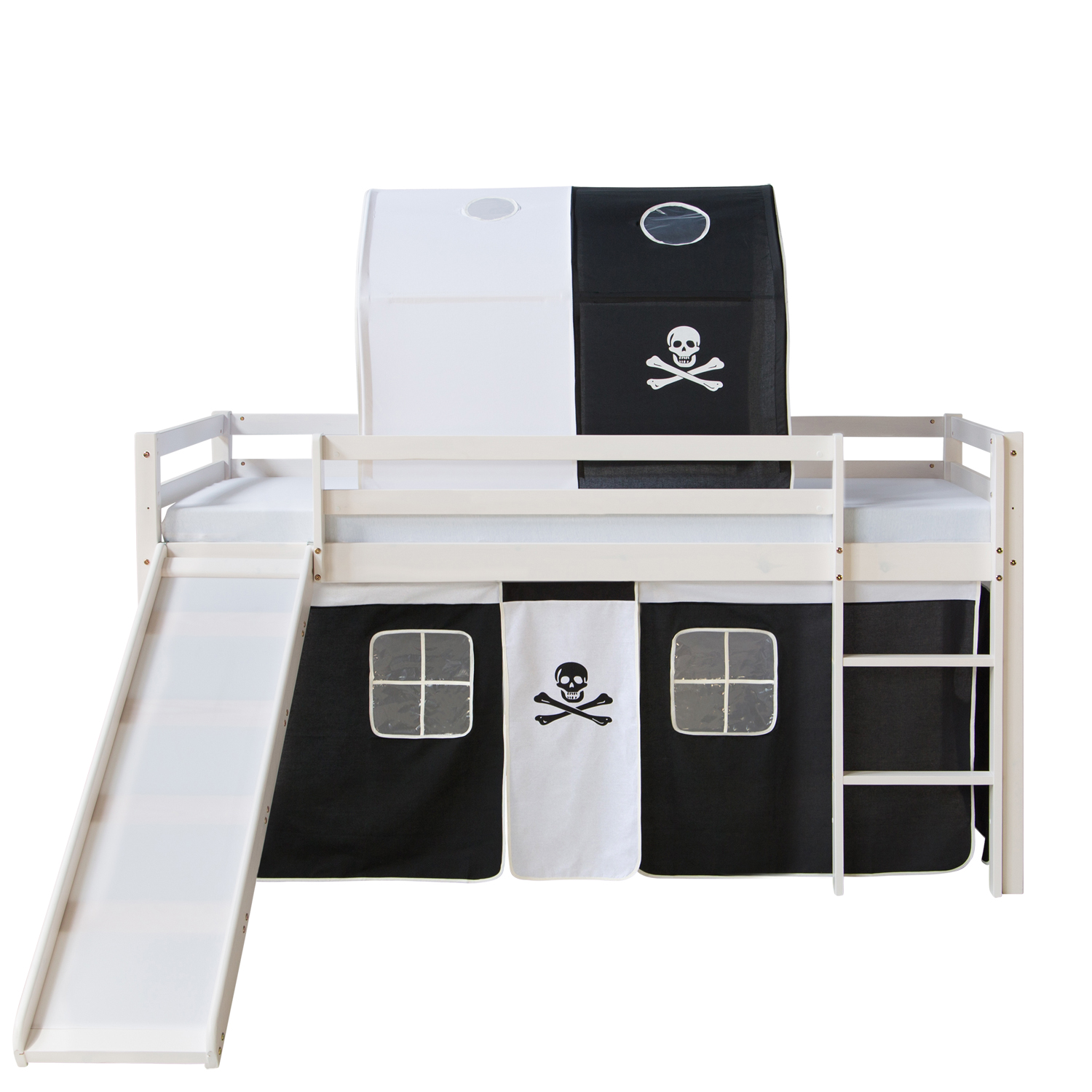 Loft Bed Kids 90x200 cm White with Curtain Black | Tunnel | Slide | without Slatted Frame