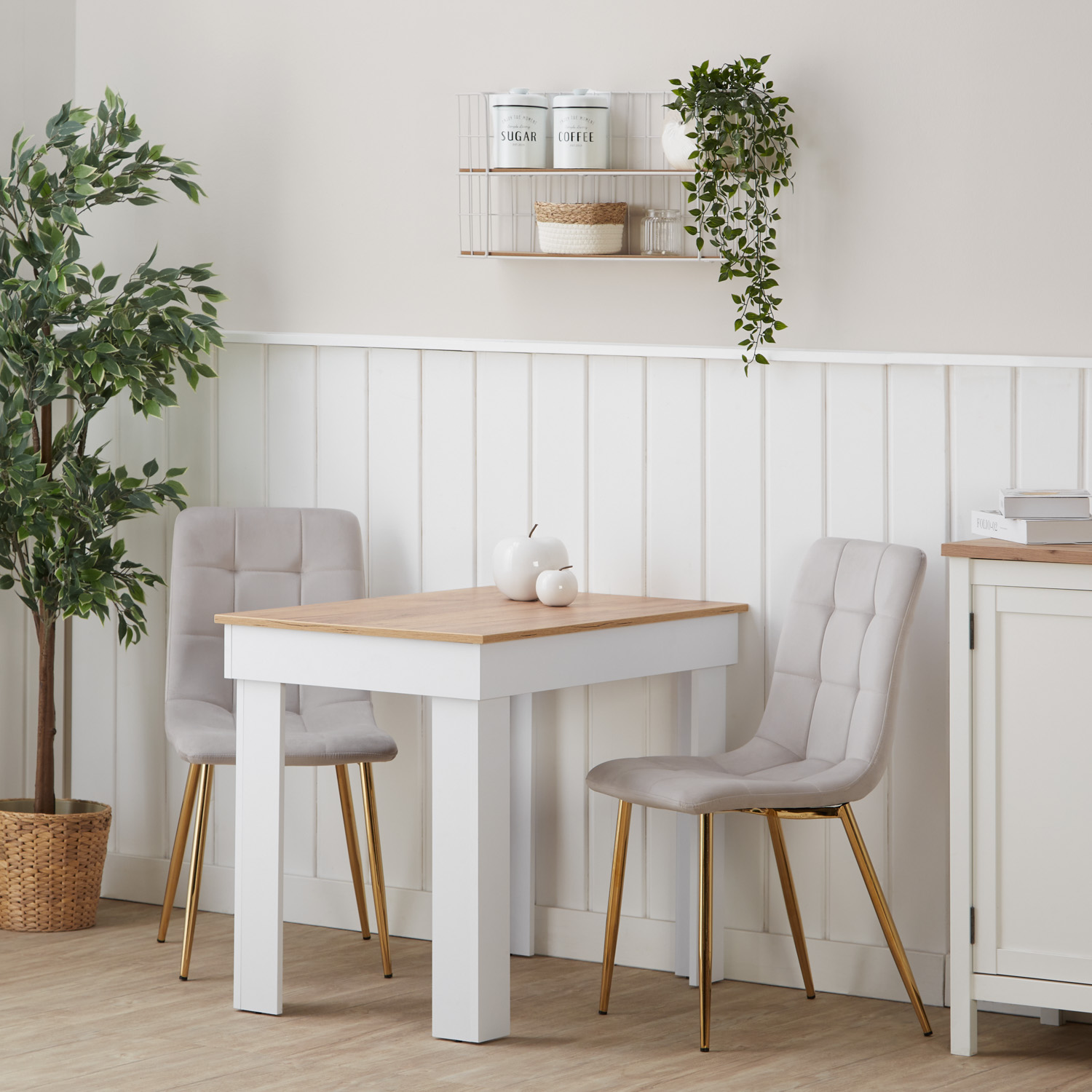 Dining set | 2-piece set upholstered chairs cream velvet without armrest | dining table white und oak 90 x 60 cm