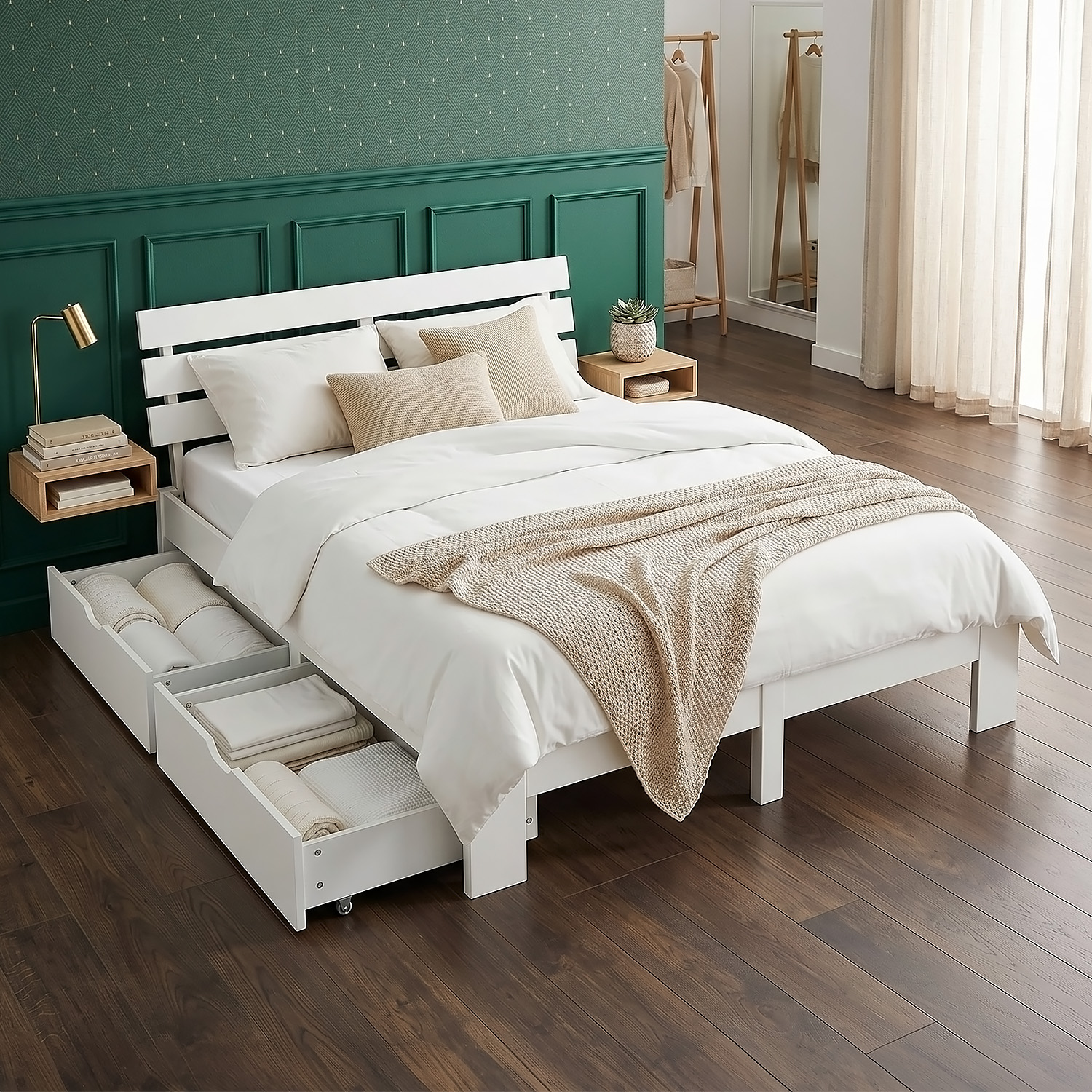 Wood Bed 160x200 cm White | Double Bed with Storage 2 Drawers | with Mattress | Solid | Youth Guest Bedroom