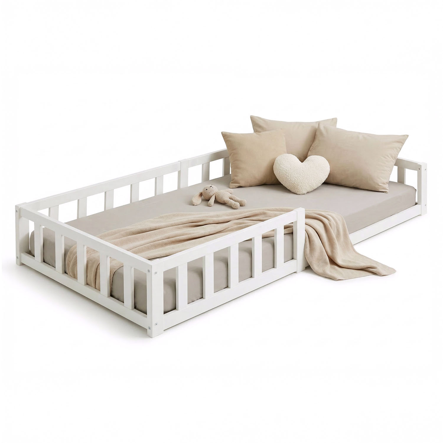 Montessori Crib 90x200 cm White with Safety Rail & Slatted Base – Solid Wood Crib