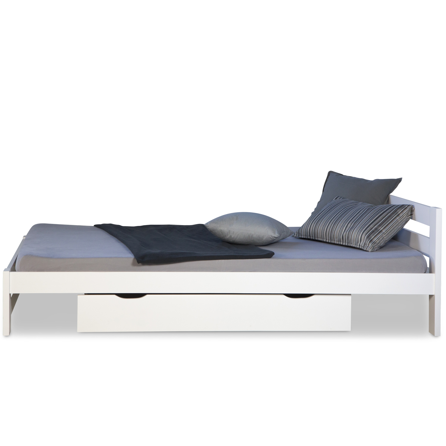 Wooden Bed 140x200 cm White – Solid Wood Double Bed with Storage & Slatted Base