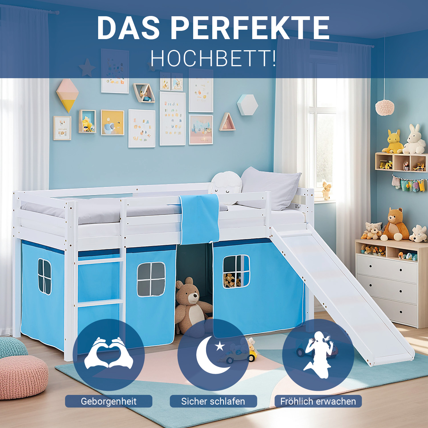 Loft Bed for Kids 90x200 cm White with Curtain in Blue | Slide | with Slatted Frame and Mattress