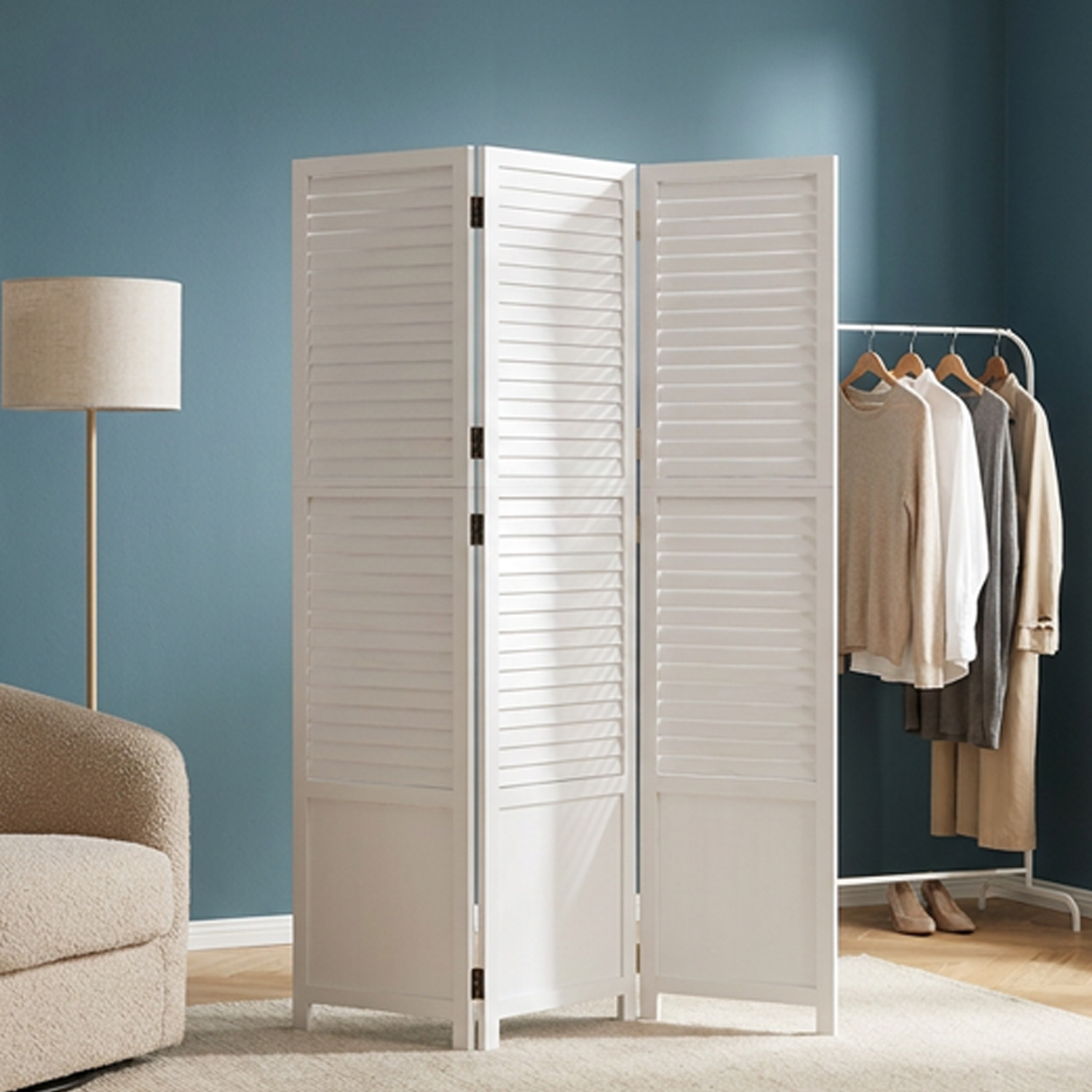 White Wooden Screen (3-panel) – Modern Wooden Room Divider & Privacy Screen
